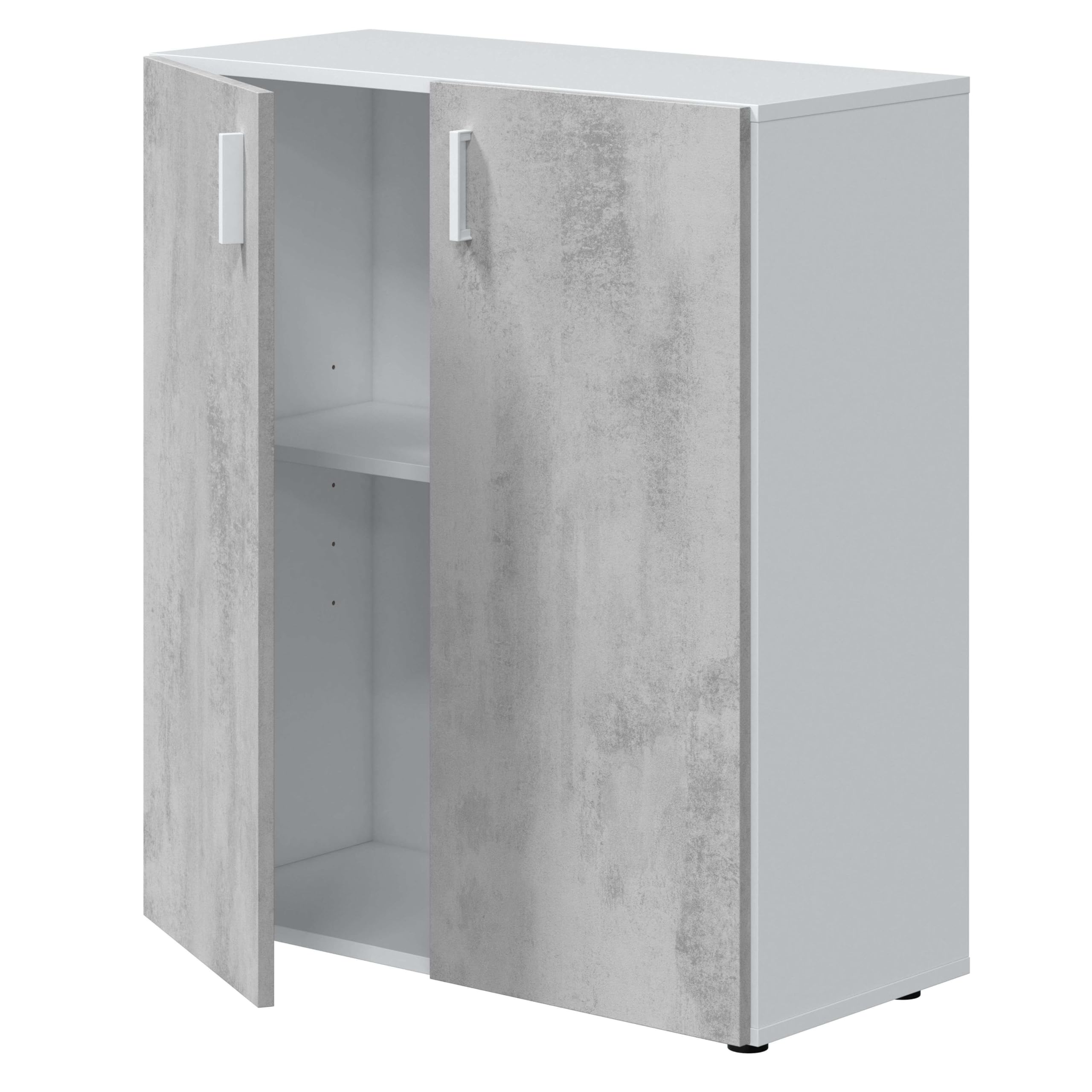 Habitdesign Armadio multiuso basso, portaoggetti a 2 porte, finitura in bianco Artik e cemento, dimensioni: 80 cm (larghezza) x 92 cm (altezza) x 37 cm (profondità)