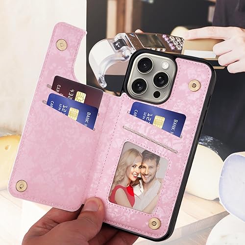 Miniatura 47 de UEEBAI Funda tipo cartera para iPhone 15 Pro Max con tarjetero, cubierta de cuero PU con soporte, bloqueo RFID, doble cierre magnético, relieve de