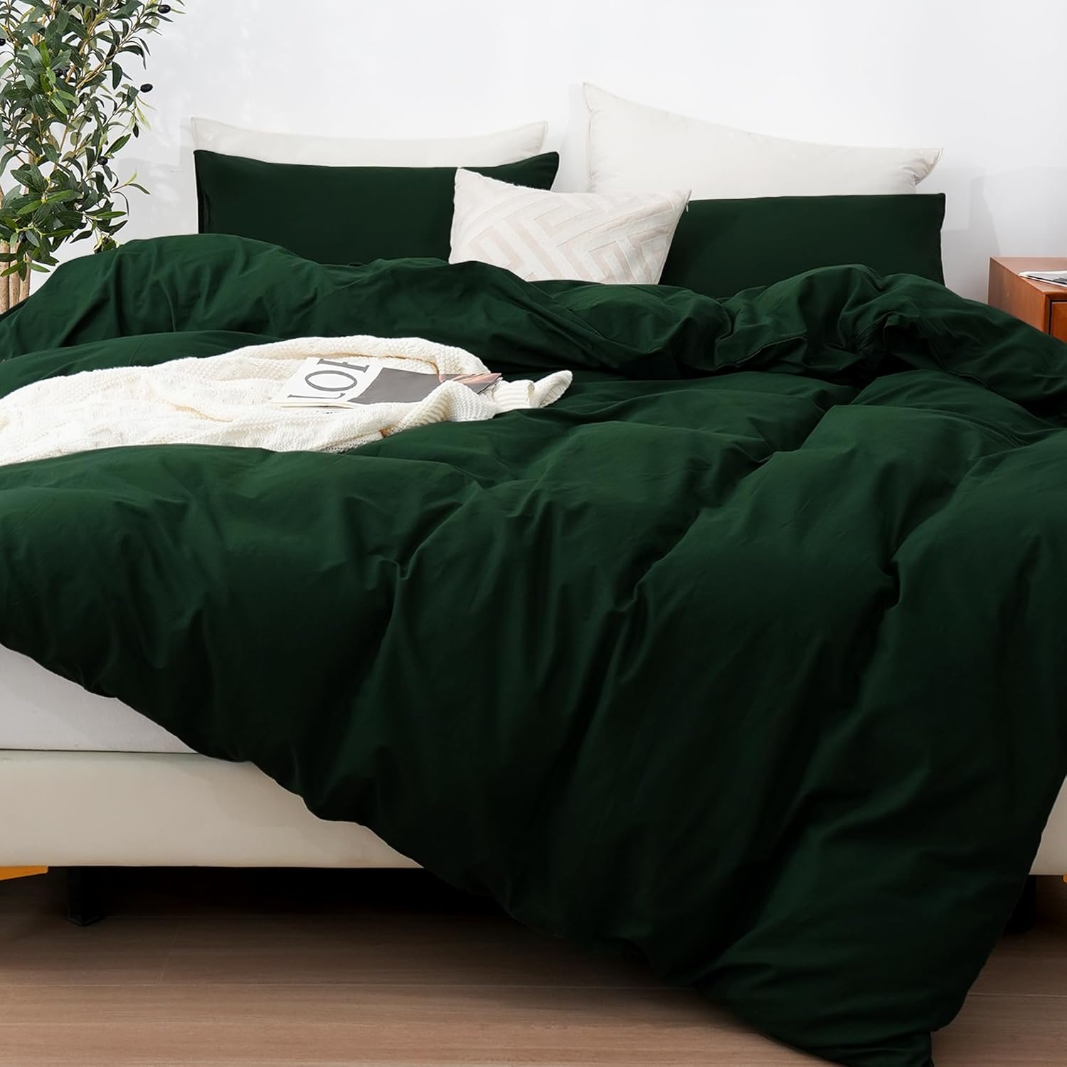 ATsense Green Duvet Cover Queen, 100 Washed Cotton Linen Feel Super Soft