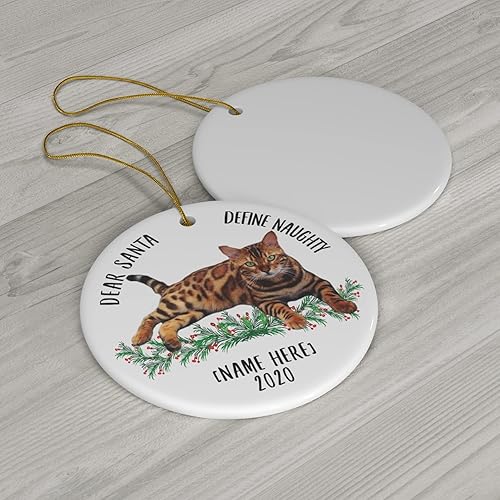 Miniatura 3 de Divertido nombre personalizado Bengala Cat Brown Dear Santa Define Naughty Gifts 2023 Adornos para árbol de Navidad, círculo de cerámica blanca