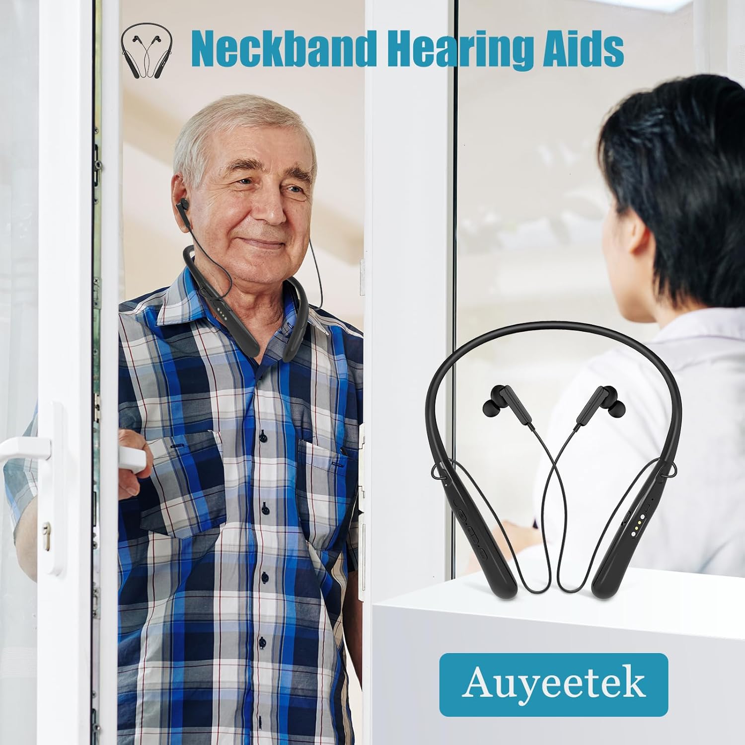 Neckband Bluetooth Hearing Aids OTC Hearing Amplifier Rechargeable Digital Noise Cancelling 8 Level Volume Control Mobile Adjustment，Viewing Mode for Watching Tv