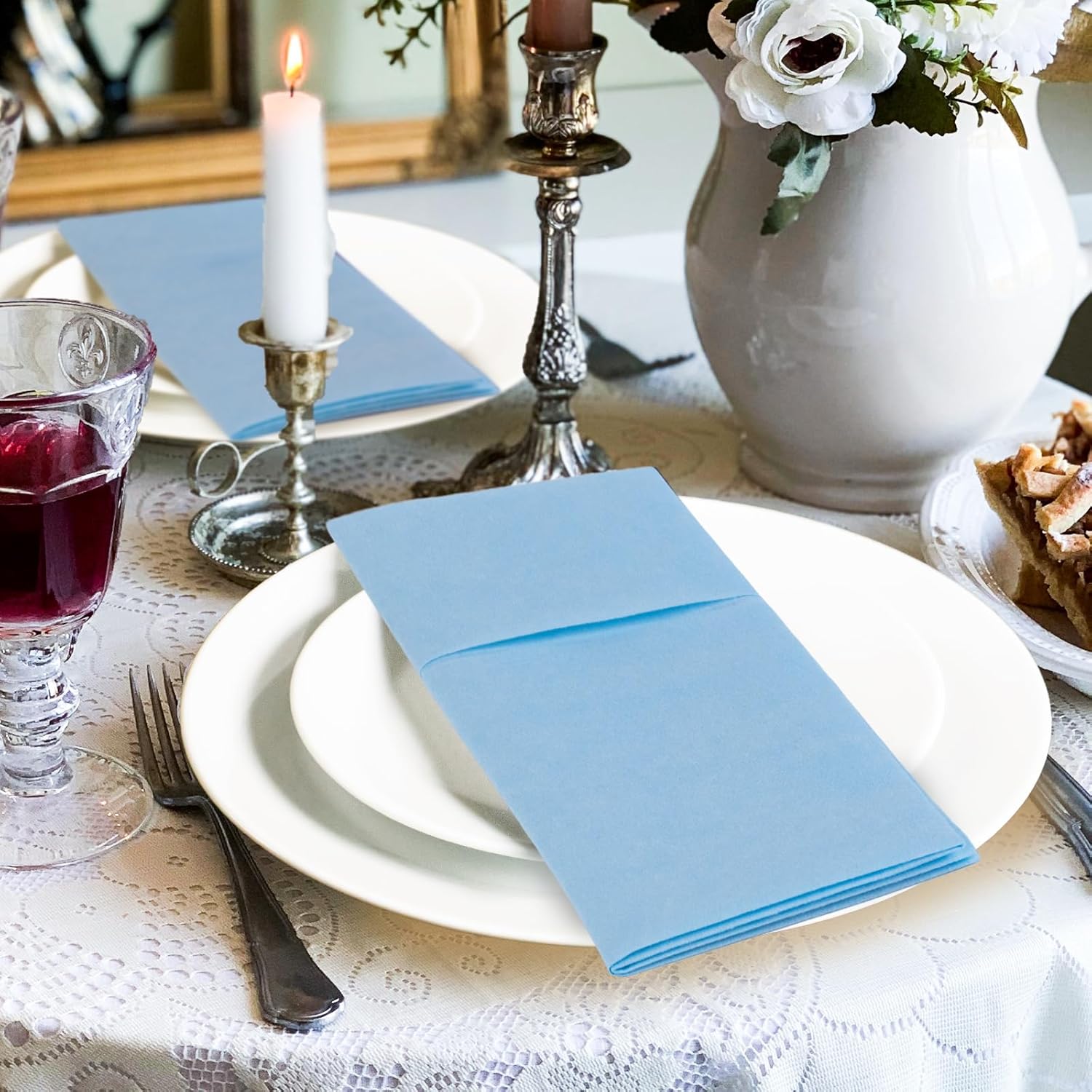 KAMMAK Light Blue Napkins Disposable with Pocket 100 Pack Cloth like Paper Dinner Napkins Folded Hand Towel for Party Decoration, Wedding Reception, Bathroon and Kitchen (16.5 x 16.5 inch)