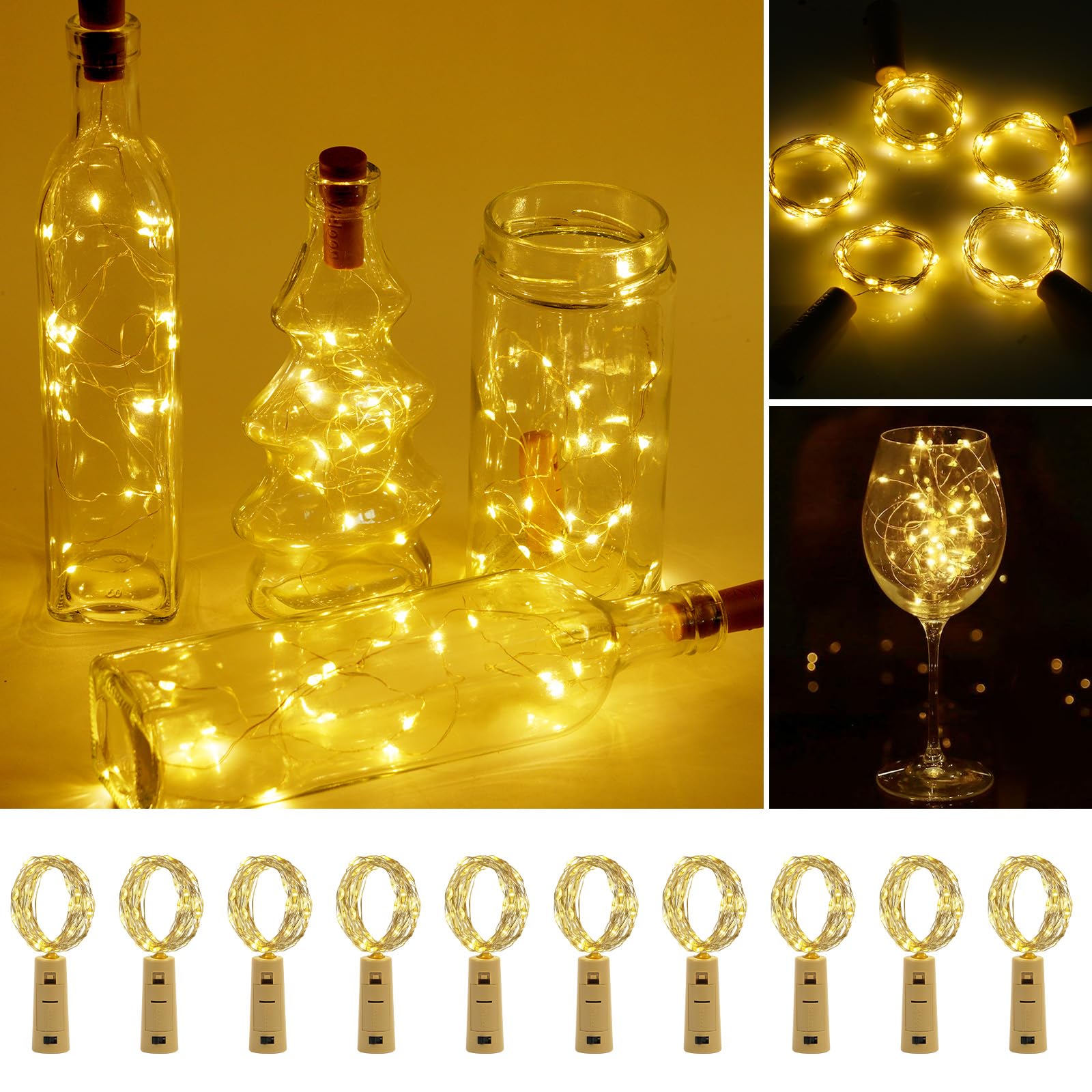 Vicloon 10Pcs-Warm White Bottle Lights,10 Packs 2M 20 Led Cork Lights For Bottles,Led Bottle Light, Battery Operated Bottles Light,Cork Shape Silver Wire Fairy Mini String Lighte For Party,Diy,Decoration (Warm White)