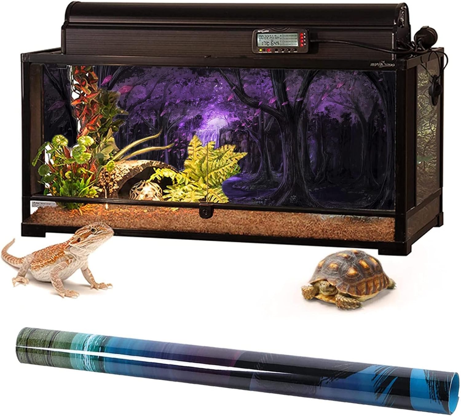 Aquarium Background Sticker, Purple Forest Waterfall Fish Tank Background Poster Thicken PVC Adhesive Static Cling Backdrop Decorative Paper,152x61cm