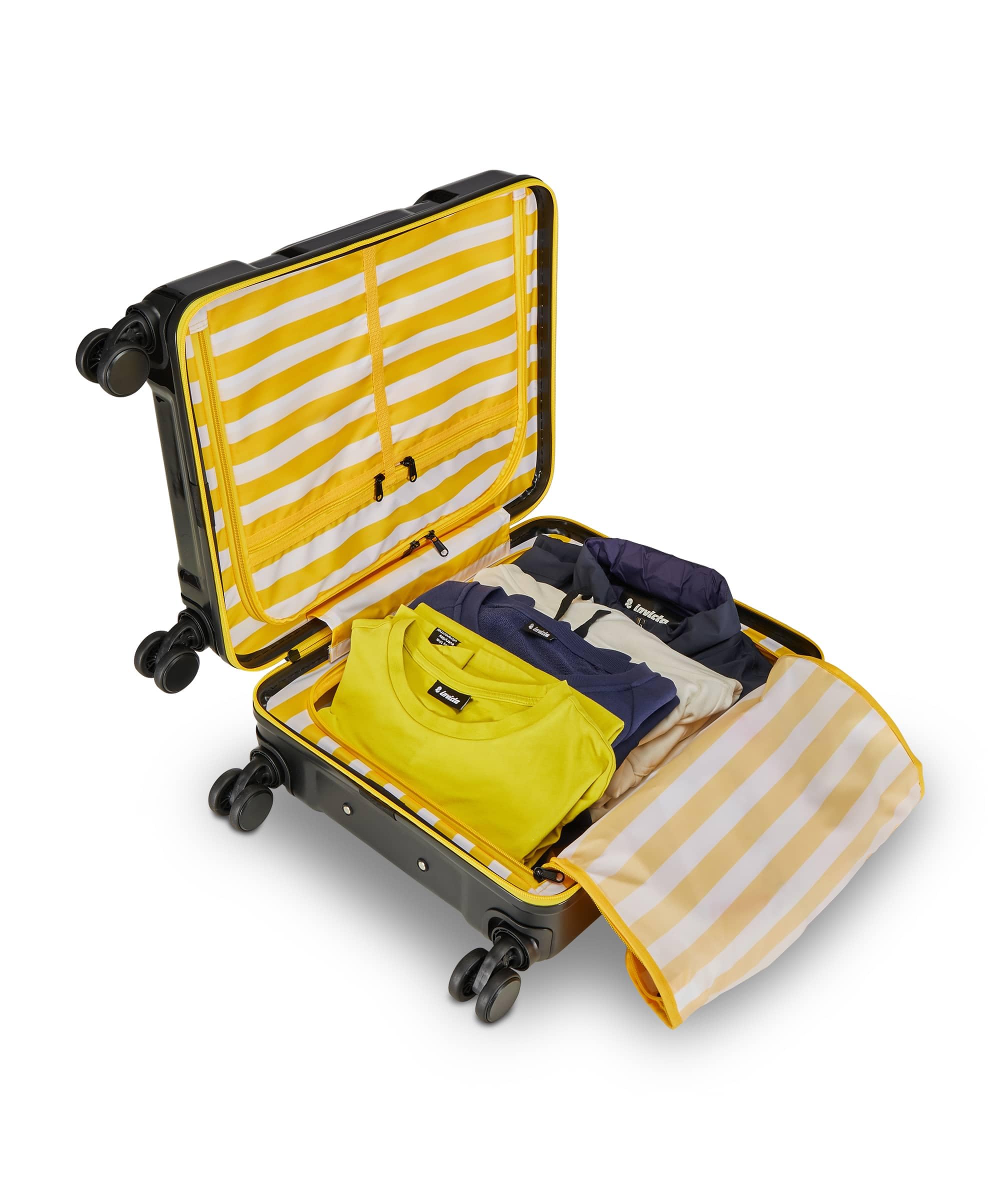 Invicta Trolley Travel - Bagaglio a Mano - Nero - 33 Litri, Rigido da Cabina con 4 Ruote Girevoli + INVICTA Zaino, MINISAC NEXT, Richiudibile e Tascabile, Viaggio & Tempo Libero,