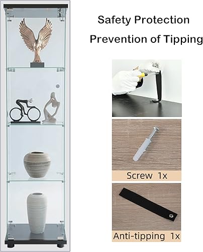 Miniatura 130 de Vitrina de cristal con 4 estantes con tira de luces LED y cerradura, vitrina de vitrina con ruedas y 1 puerta, vitrina de vidrio templado para sala