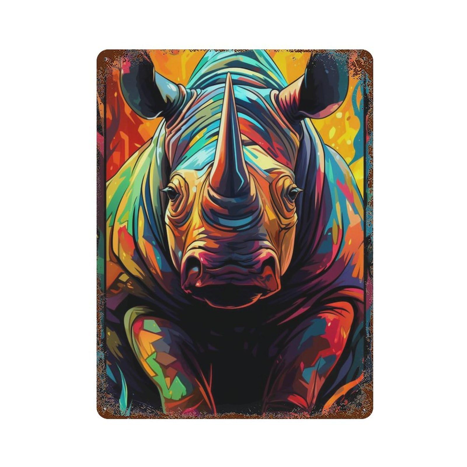 Colorful Rhino Illustration-1 Rusty Metal Tin Sign 15.7"x11.8", Rustic Home Decor for Garage, Pub Or Kitchen