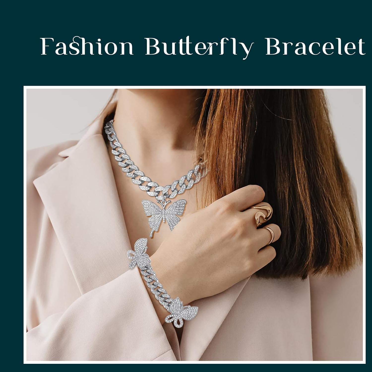 3 Pcs Butterfly Cuban Jewelry Set Cuban Link Chain Necklace for Women Rhinestone Pendant Necklace Bracelet Large Hoop - Image 5