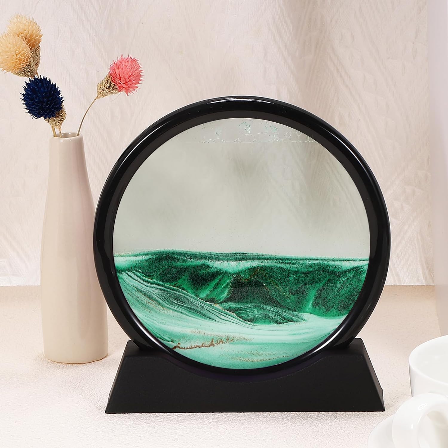 Moving Sand Art Picture 7" Round Tempered Glass 3D Liquid Motion Deep Sea Flowing Sand Scene with Display Frame Perfect for Desktop & Home & Office & Work Decoration (Green) - Image 3