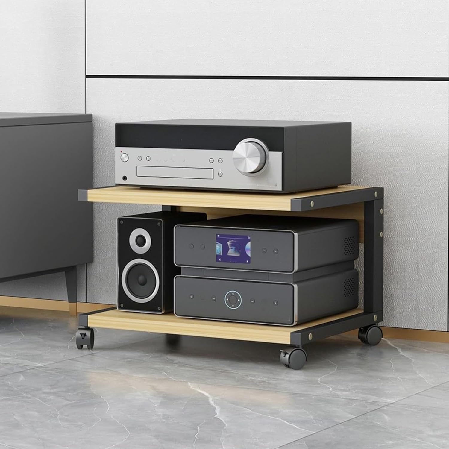 Stojak na sprzęt audio HiFi, 2-poziomowy stojak na sprzęt audio AV, półka na gramofon/konsolę do gier/DVD, drewniana szafka pod telewizor stereo, do salonów, pokojów gier i centrów rozrywki (natu