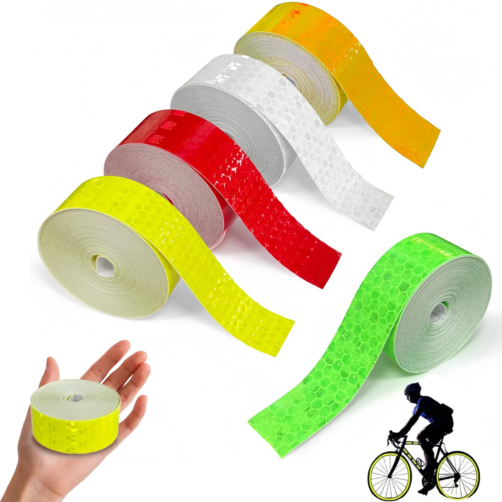 Nastro Catarifrangente Adesivo 25m, Set 5 Rotoli, Colori Rosso, Bianco, Giallo, Verde, Arancio, Alta Riflettenza, Facile da Usare, Adatto per Auto, Moto, Biciclette, Abbigliamento e Accessor