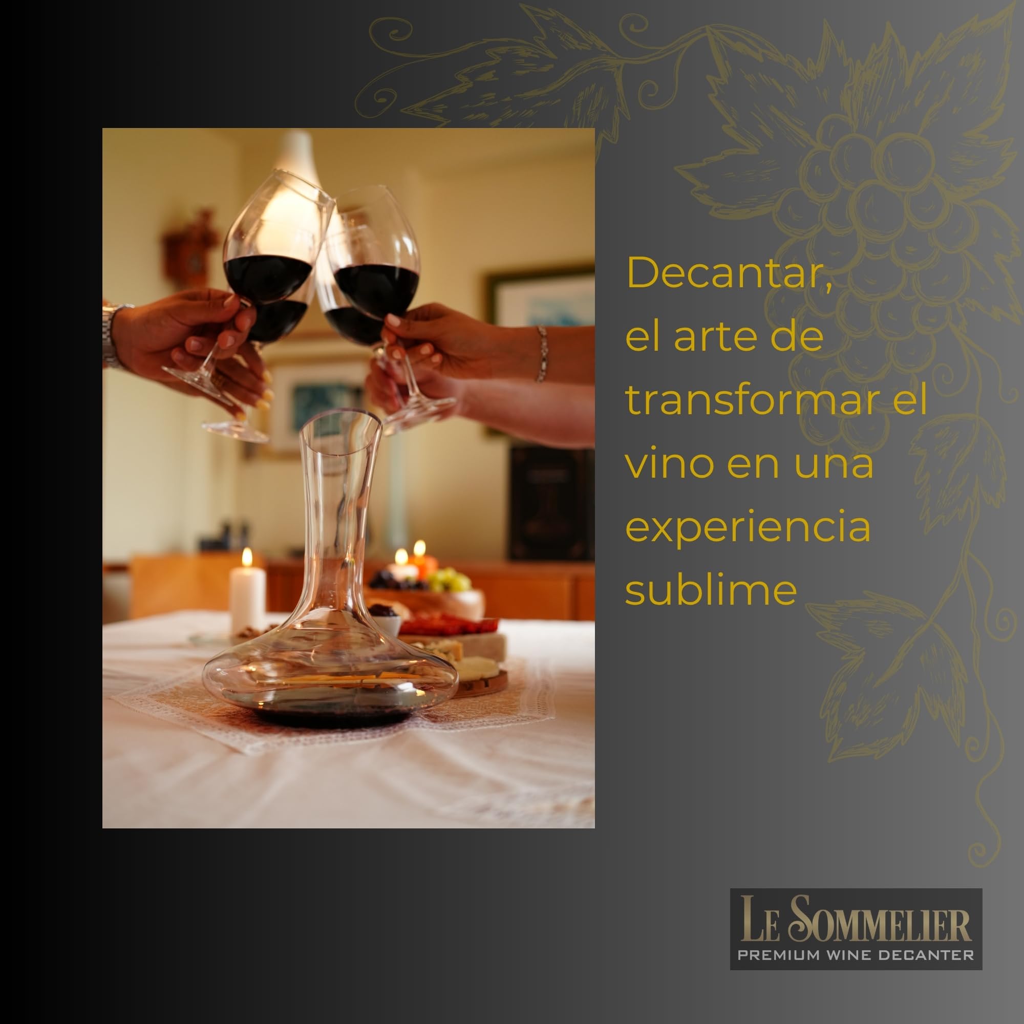 Decantador de vino de cristal premium con soporte metálico para secado y decoración - base ancha y capacidad de 1800 ml para oxigenación rápida y mejor aroma – accesorios de vino ideales para regalo