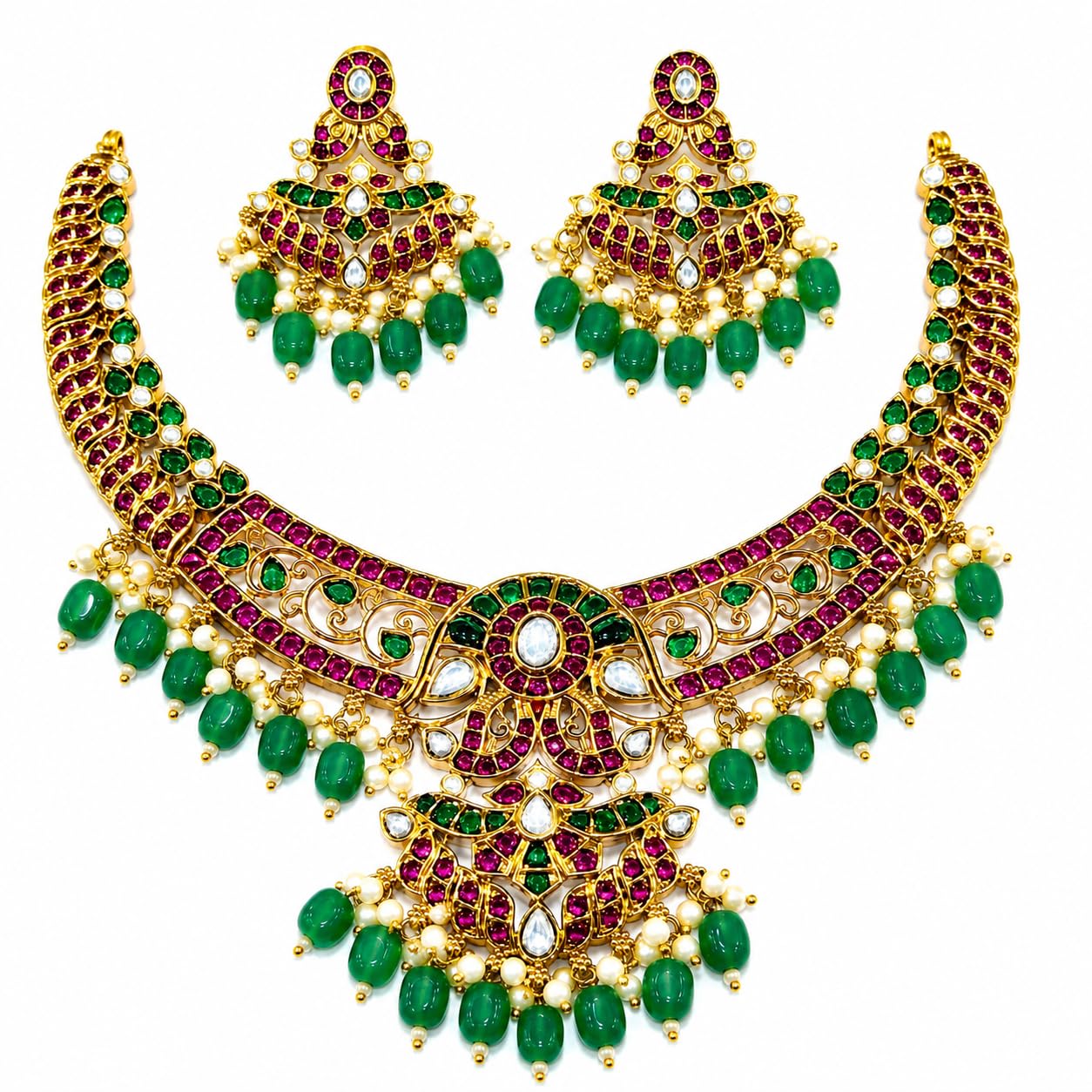 Antique Nakshi Necklace Set for Women | Gold Tone Temple Style Necklace with Green Beads, Ruby & White Stone Detailing | Traditional Jewellery Set with Earrings for Wedding-picture-55