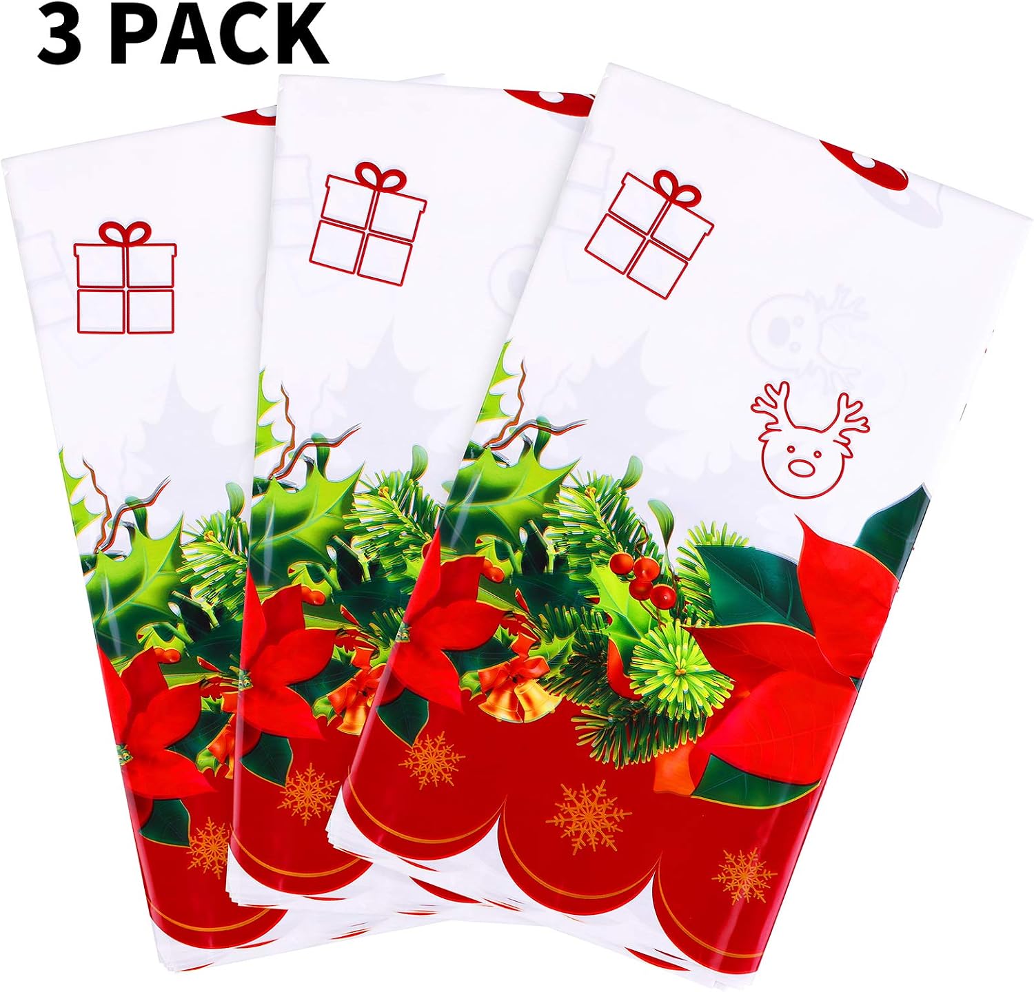 Aneco 3 Pack Christmas Plastic Party Tablecloth Table Cover Christmas Flower Disposable Christmas Tablecloth Table Cover 54 x 108 Inches for Christmas Party Decoration Supplies