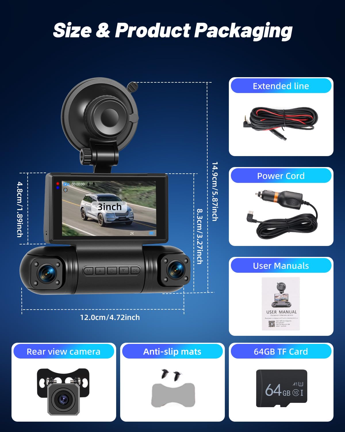 NHOPEEW 2K Dash Cam a 4 canali per auto – Videocamera WiFi per auto con tre telecamere 1080P, visione notturna, registrazione in loop, rilevamento del movimento con sensore G e controllo tramite app
