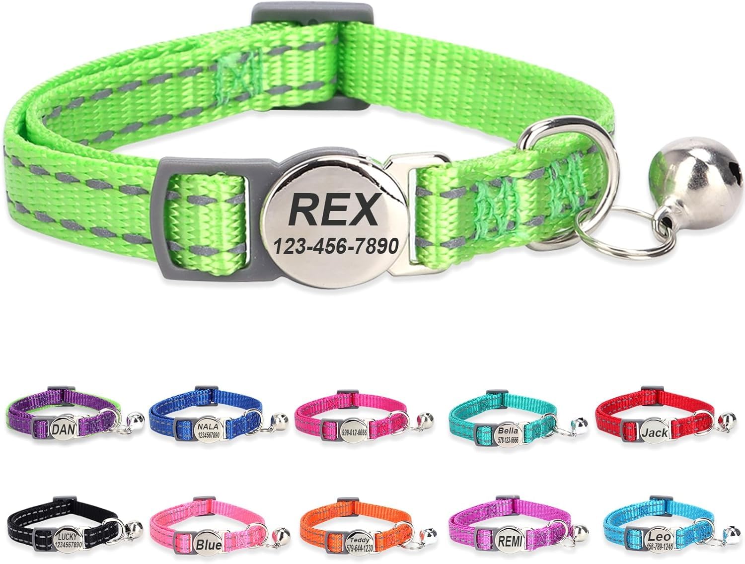 Personalized Breakaway Safety Buckle Cat Collar, Grass Green