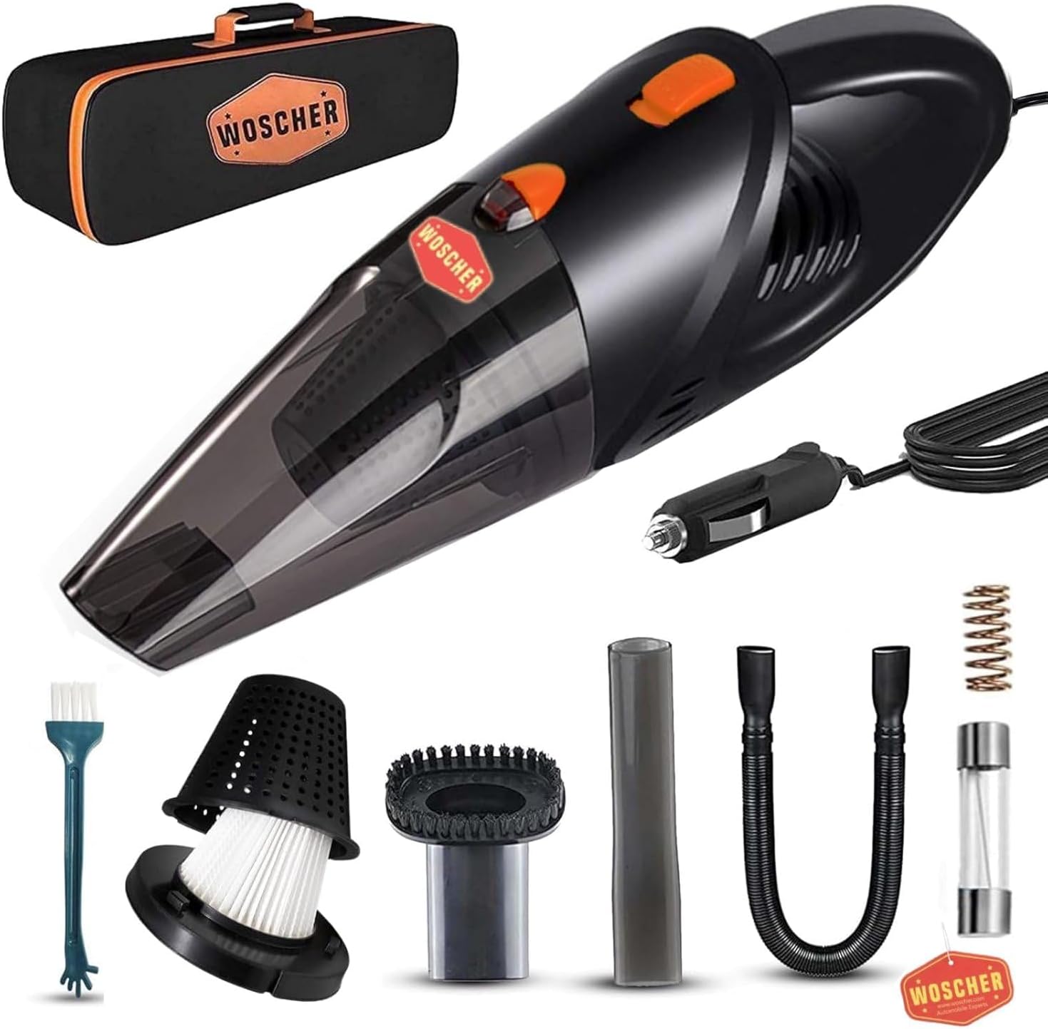 WOSCHER AutoVac Pro High Power Auto Car Vacuum Cleaner for Deep Cleaning, Hand Held Portable Car Vacuum with DC 12V, 140W Vacuum Motor & Powerful Suction 5000PA, Black