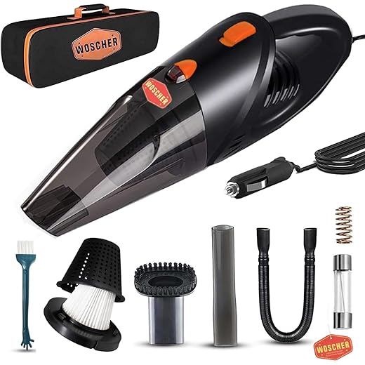 WOSCHER 2003 High Power Car Vacuum Cleaner |High Power for Car Deep Cleaning, Hand Held Portable Cars Vacuum for car Cleaning with DC 12V, 140W Vacuum Motor & 5000 PA Powerful Suction, Black| With Bag