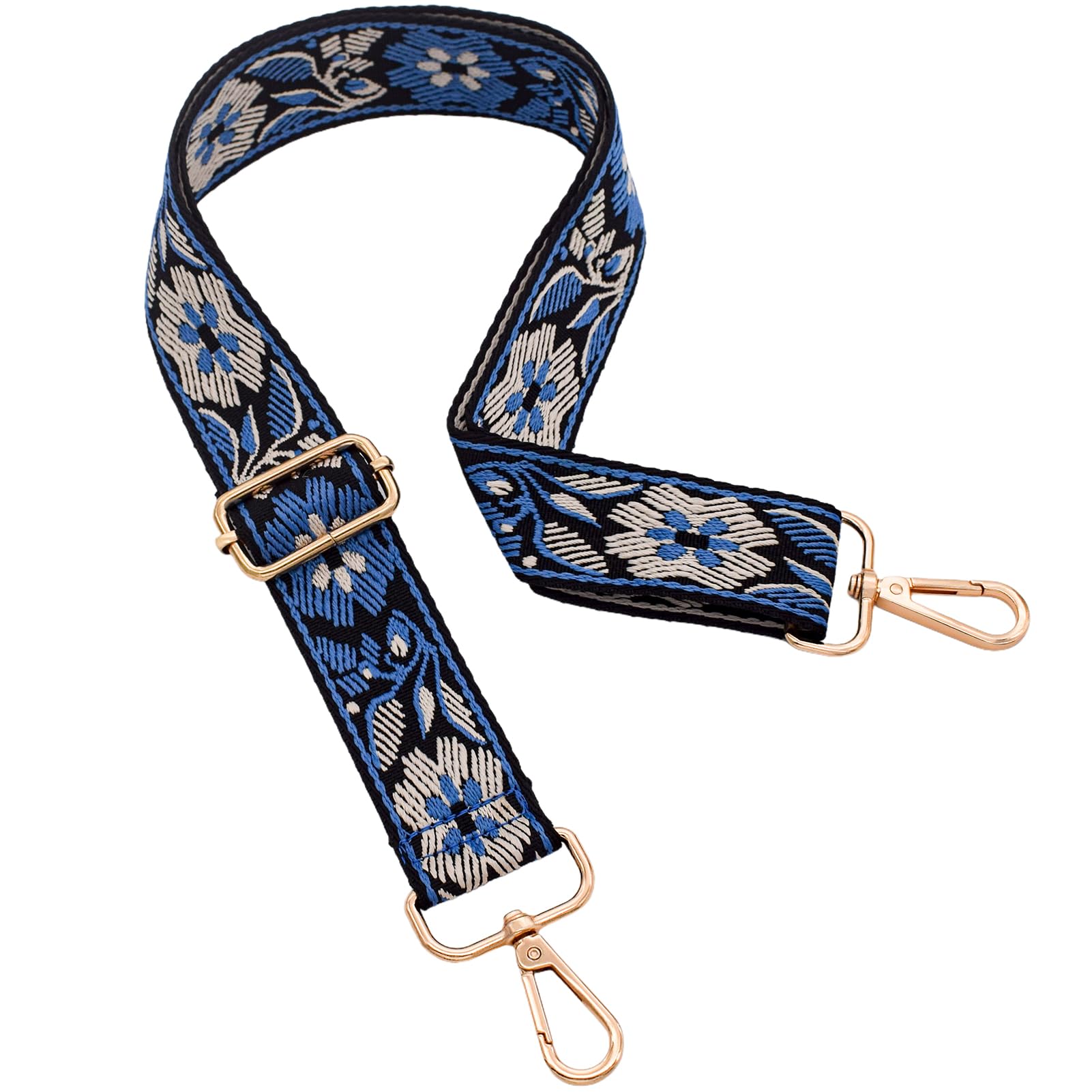 ROYGBCP Replacement Purse Strap Shoulder Strap Adjustable Crossbody Strap for Women Crossbody Wide Shoulder Bag, Blue Floral-gold Metal, 1.5 inch wide, 28" to 50" (65-130cm) long, Vintage