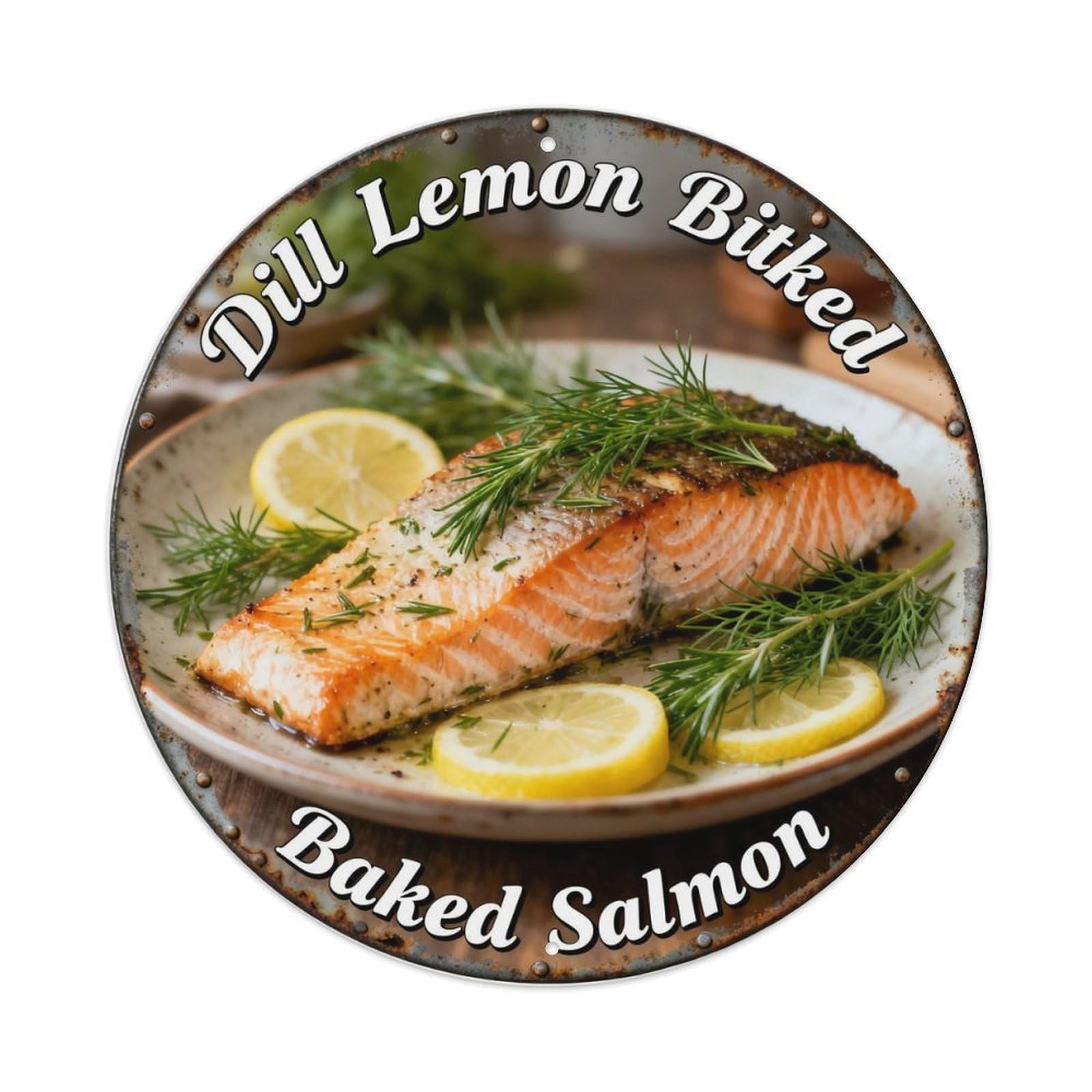 Dill Lemon Baked Salmon Metal Tin Sign Plaque