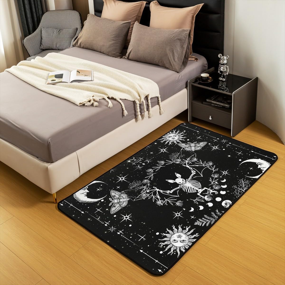 Castle Fairy Gothic Bat Area Rug 5x6'6''x0.39'' for Bedside,Halloween Skull Boho Sun Moon Home Mat for Playroom Office,Rustic Botanical Leaves Indoor Floor Area Rugs Washable Rug