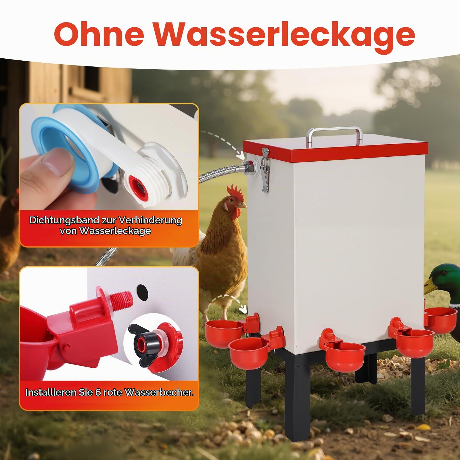 12L Automatische Hühnertränke, Geflügelwasserspender aus Edelstahl mit Schwimmerventil, Schlauch, Wasserbecher und Ständer, Hühnerwasserfütterung für Küken, Enten, Gänse, Truthahn