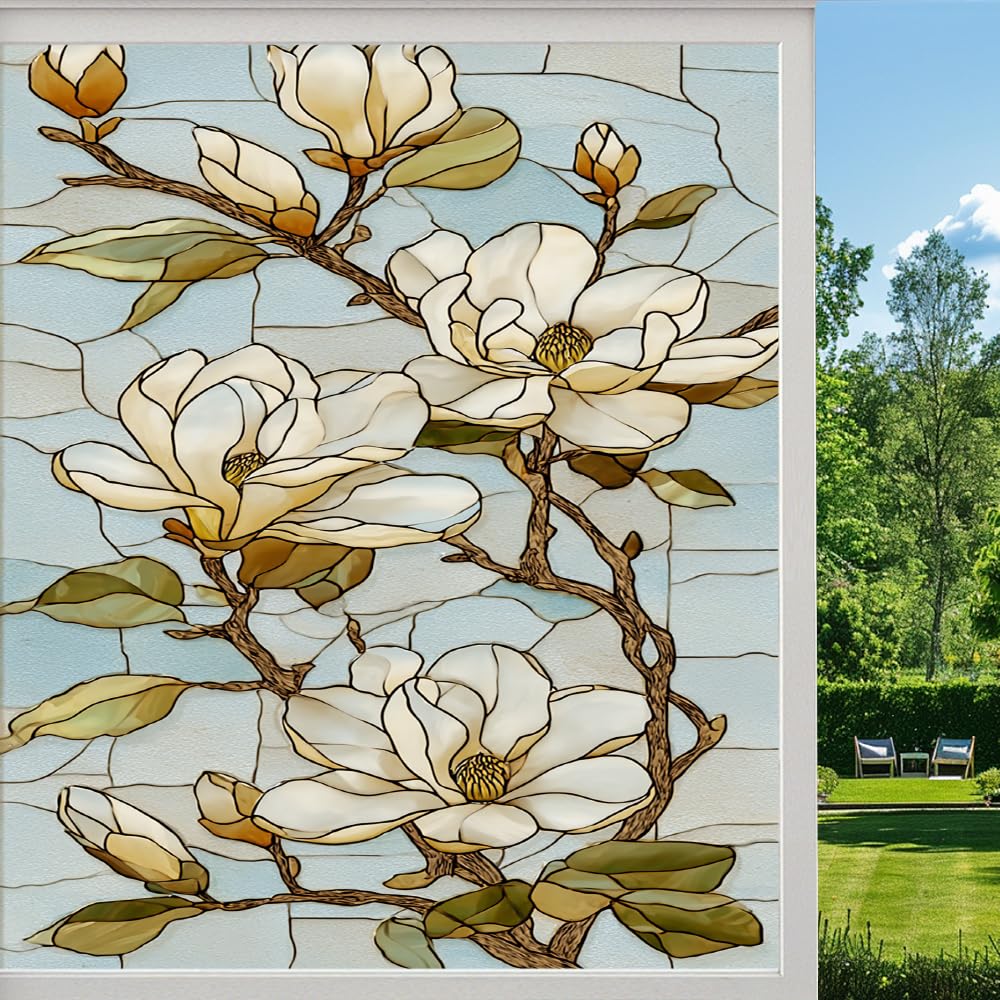 Pmlbaous Vintage Magnolia Privacy Window Film, Abstract Flowers Plant Frosted Self-Adhesive Vinyl Cling For Glass Doors Bathroom Windows Sun Blocking Heat Control, （45X100cm）