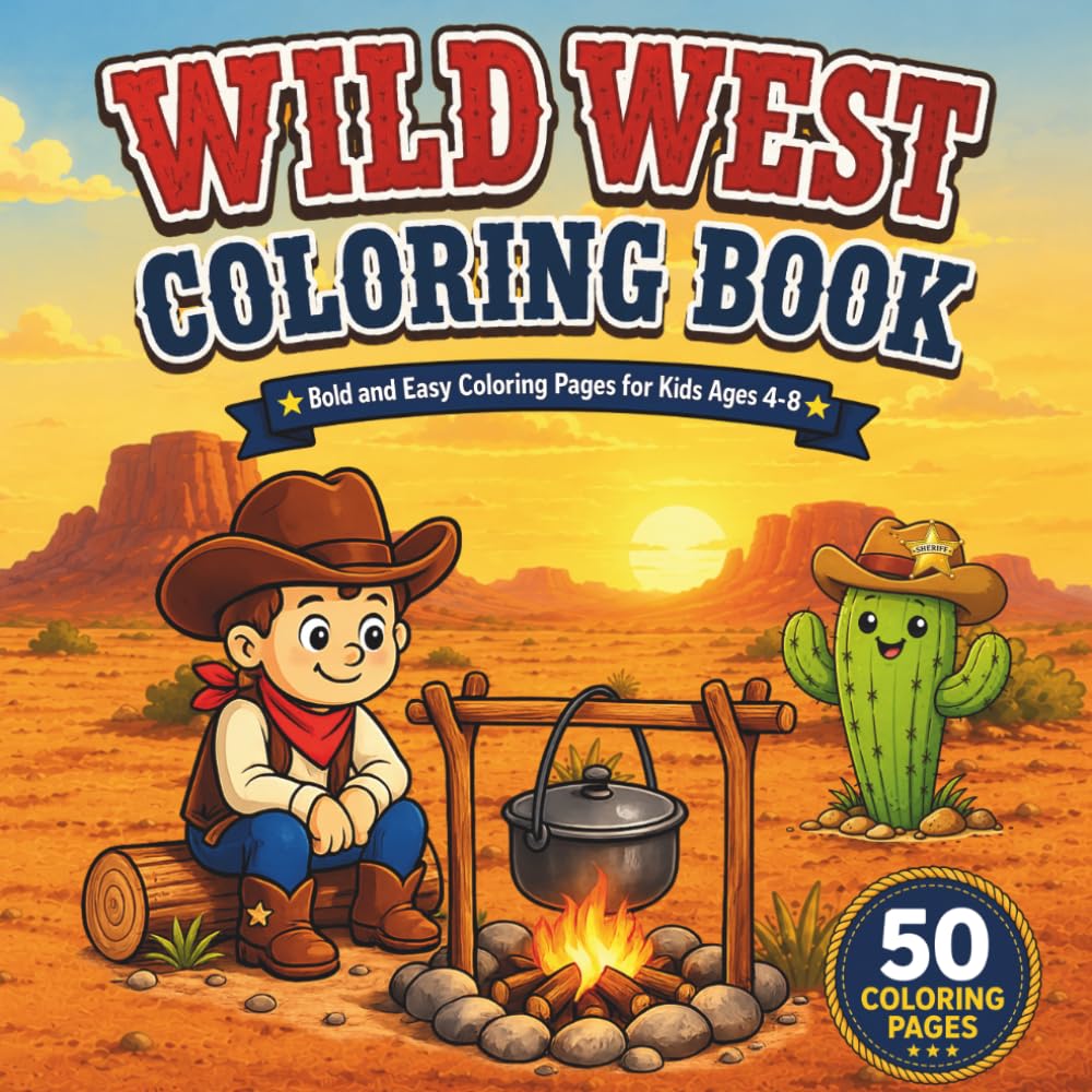 Wild West Coloring Book for Kids Ages 4-8: 50 Bold & Easy Coloring Pages with Cowboys, Horses, Cactus, Campfires, Eagles, Wagons, and Cute Western Adventures | Single-Sided Pages for Markers & Crayons