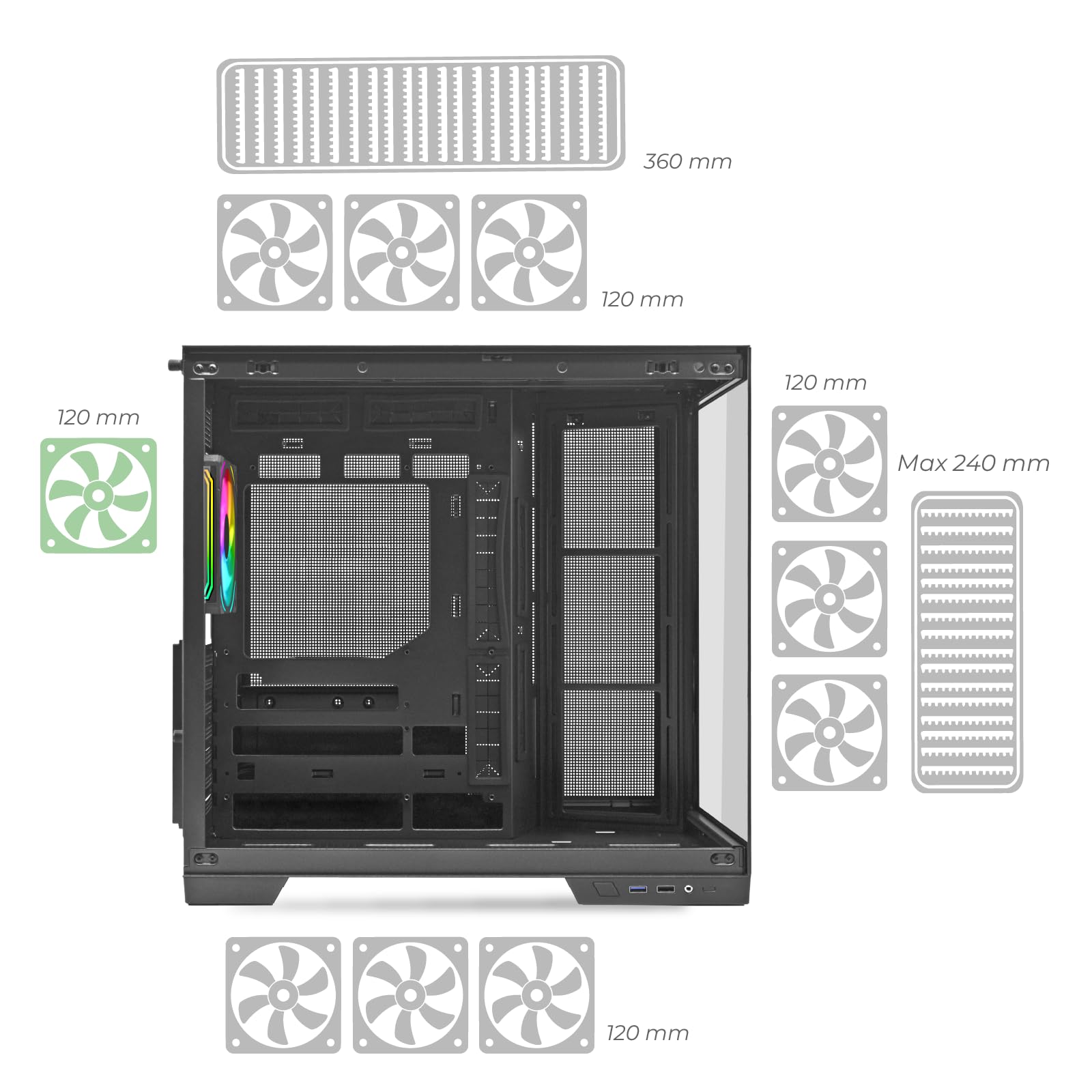Noua Vision ZK900 | Obudowa PC do gier ATX Mid Tower | Wentylator PWM ARGB | Obudowa z dwoma komorami | Obsługa chłodzenia cieczą 360 mm | Kompatybilny z Back-Connect MB, czarny