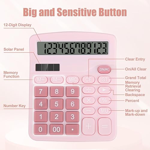 Miniatura 5 de Calculadora de escritorio, botones grandes de calculadora rosa, pantalla LCD grande de 12 dígitos, batería solar y AA de doble potencia,