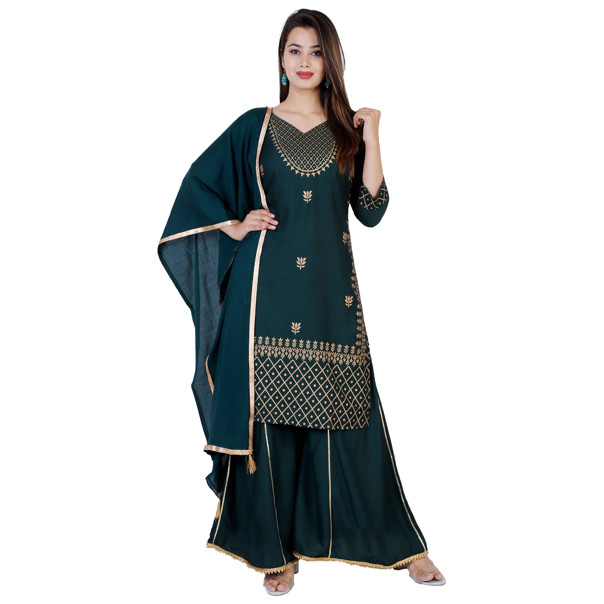 Nayanth Printed Gota Work Rayon Straight Kurta and Sharara Palazzo Pant Set With Dupatta, Salwar suit set for women