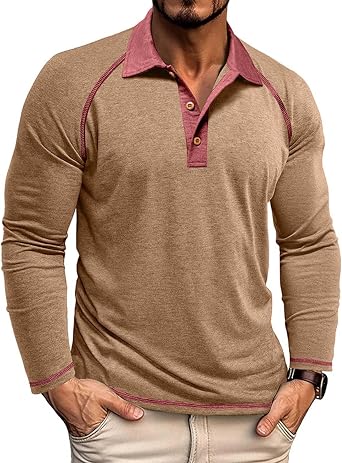 Mens Muscle Polo Shirts Long Sleeve Lapel Pullover T-Shirts Button Up Casual Running Tops Lightweight Basic Tees Top