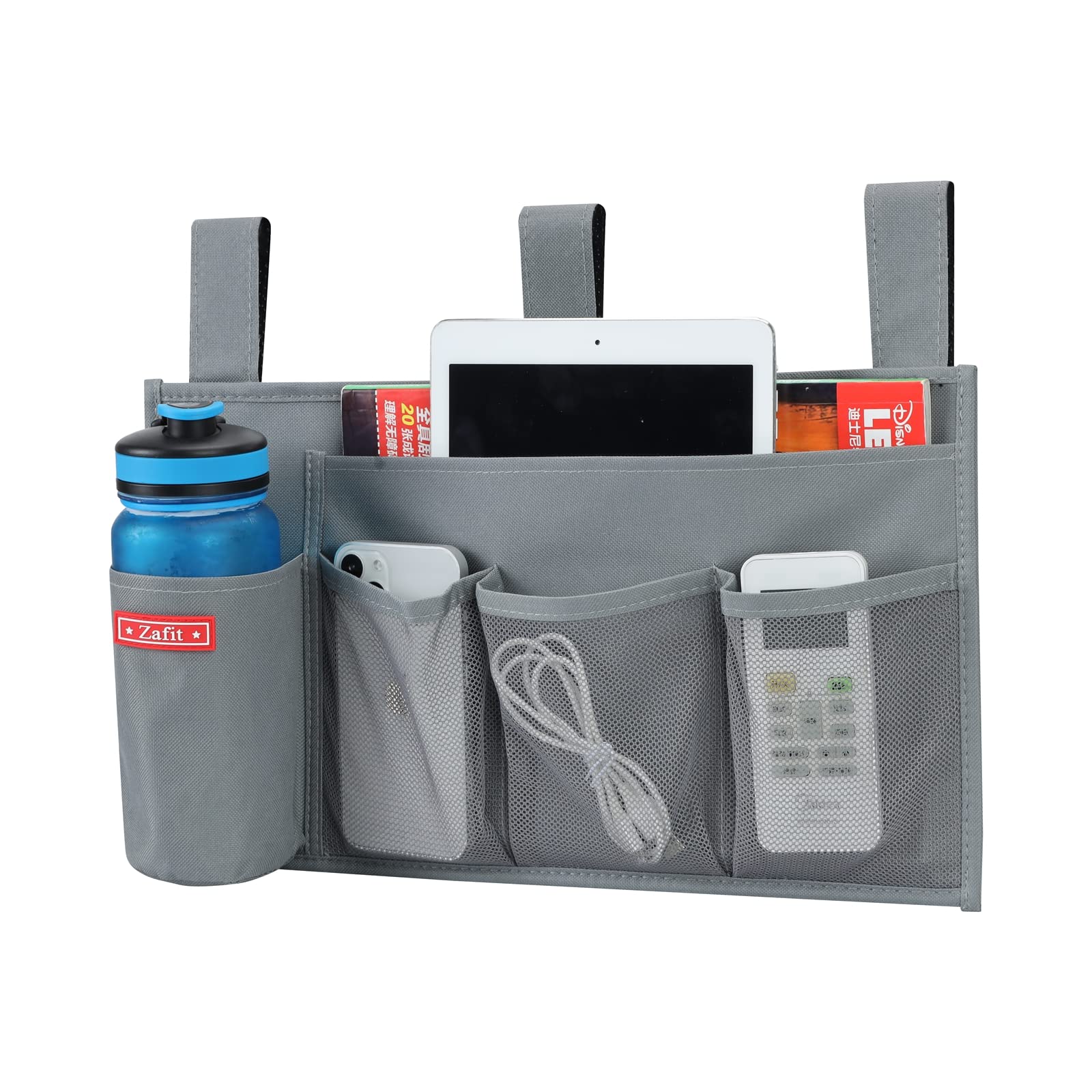 Zafit Hanging Bedside Caddy, Bedside Storage Organizer for Magazine, Phone, Remote control (5 Pockets-Grey)