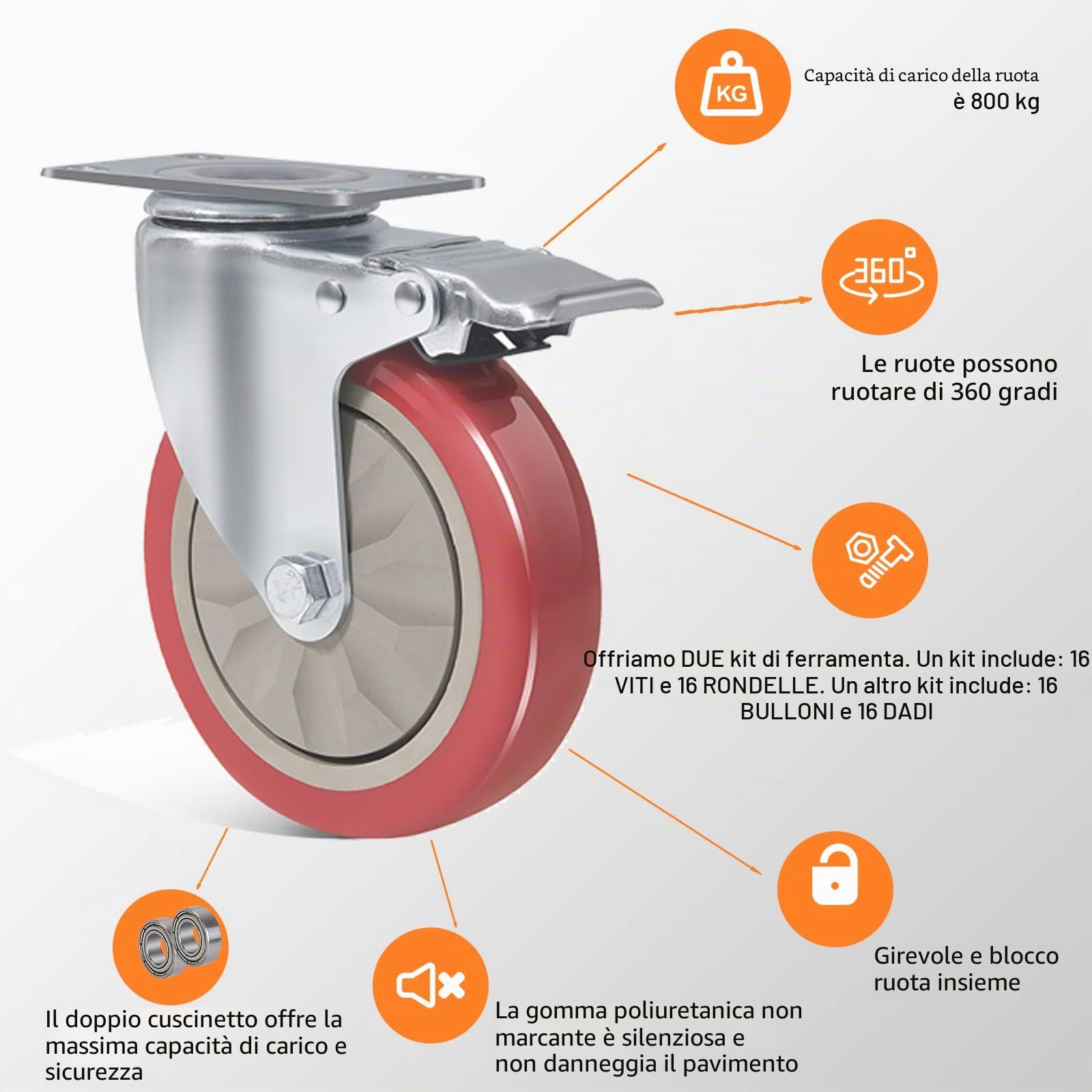 4 Ruote per Carrello con Freno, Ruote Girevoli da 125 mm Ruote per Mobili carico di 800 kg, Rosso Ruota Girevole con Vite per Pallet, Ruota Girevole 360° Ruote Gomma Antigraffio