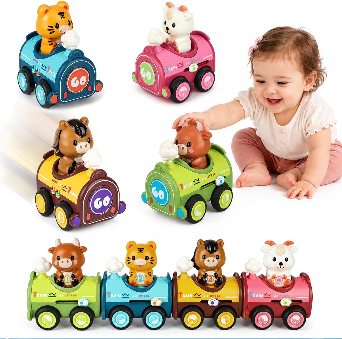 4 Pack Magnetic Connect & Press to Go Car Toys for Boys and Girls | Animal Cars with Detachable Finger Puppets, Fine Motor Push Down Vehicle for Toddlers 18M+, Birthday Gift for Baby Kids