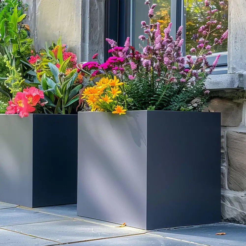 40cm Square Galvanised Planter - Matte Grey Zinc Cube Pot - Rust & Frost Resistant