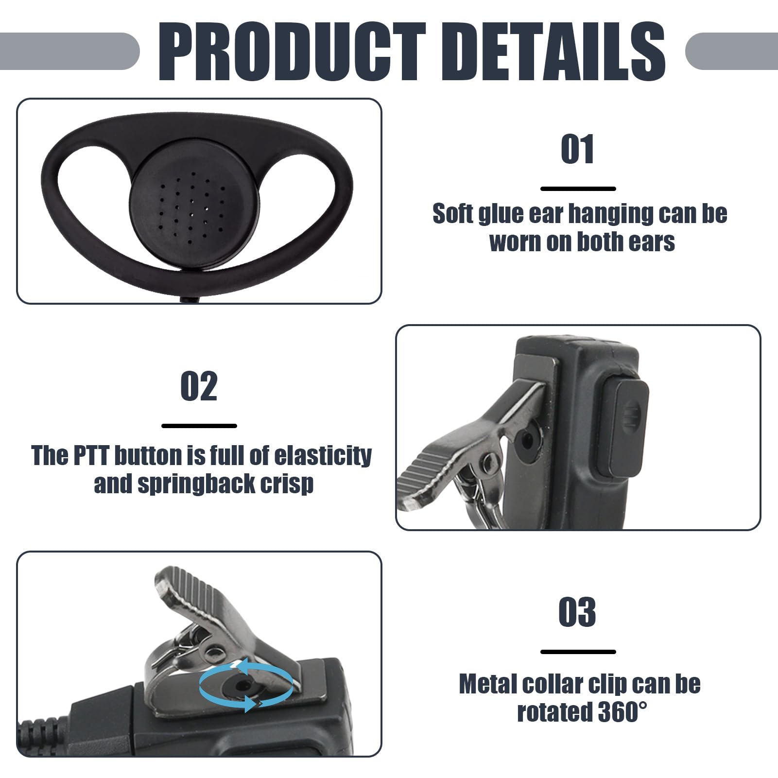 Tinshow 2 Pin Earpiece for Walkie Talkie Compatible with Motorola CP040 DP1400 GP68 GP88 GP300 CT150 Security D Shape Ear Piece with PTT Mic for Bodyguard Two Way Radio Black - Image 3