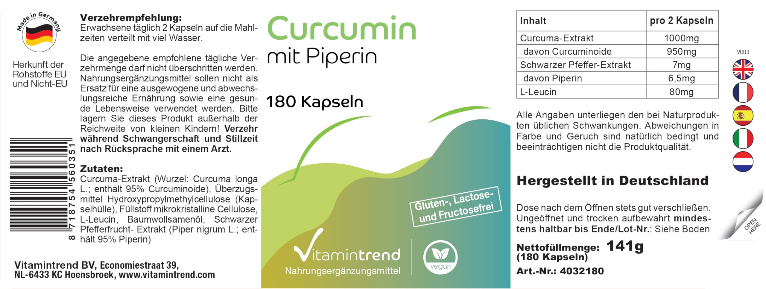 Vitamintrend Curcumin mit Piperin, 180 Kapseln, hochdosiert, 95% Curcuminoide, Nahrungsergänzungsmittel vegan ohne Magnesiumstearat, in Deutschland hergestellt