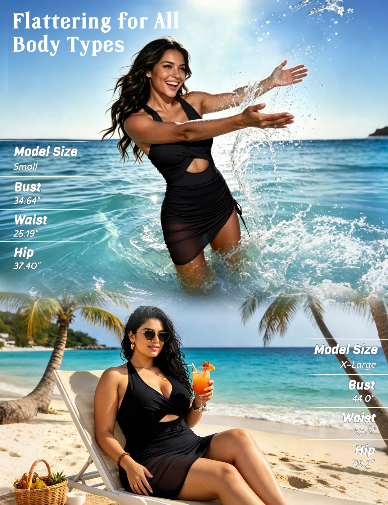 Women One Piece Swimsuit Tummy Control Cutout Skirt Twist Front Bathing Suit Mesh Sarong Wraps Swim Dress — view 5
