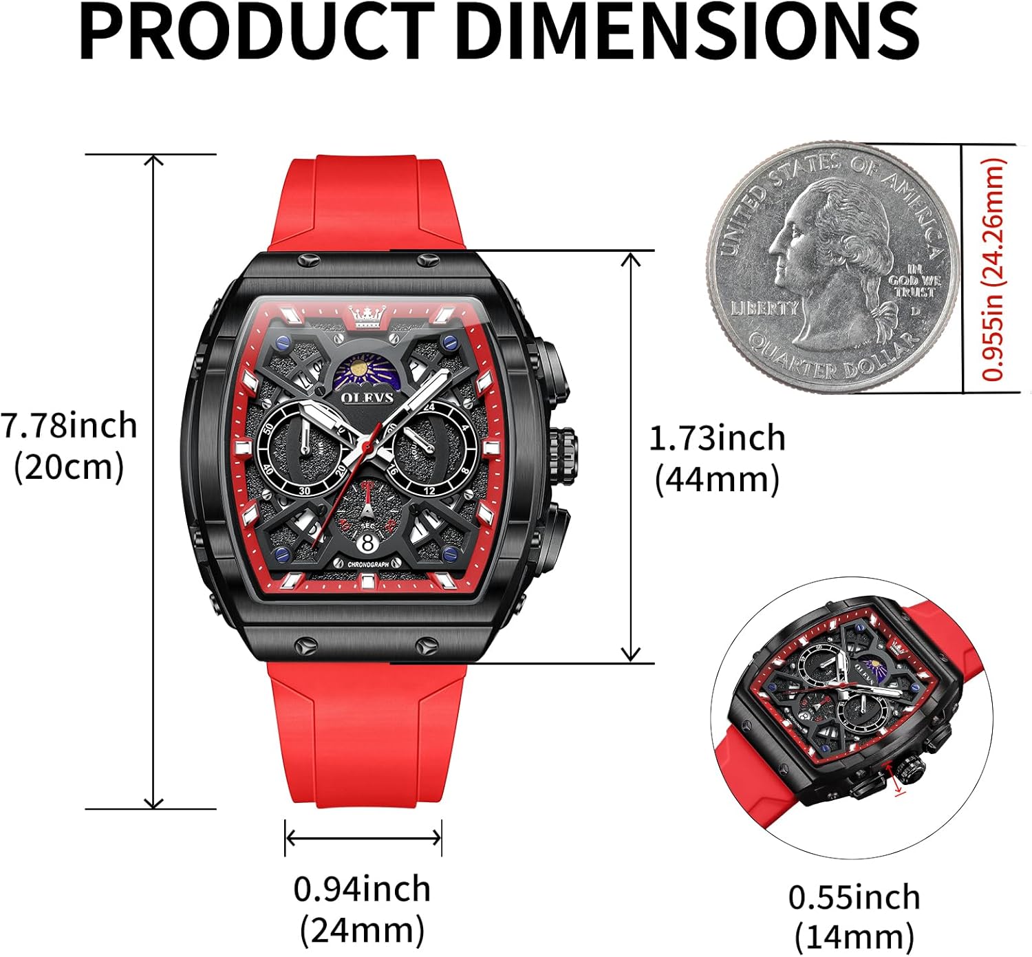 OLEVS Watches Men Chronograph Waterproof Rectangle Face Moon Phase Watches for Men Luminous Quartz Calendar Mens Wrist Watch - Silicon Strap - Image 4