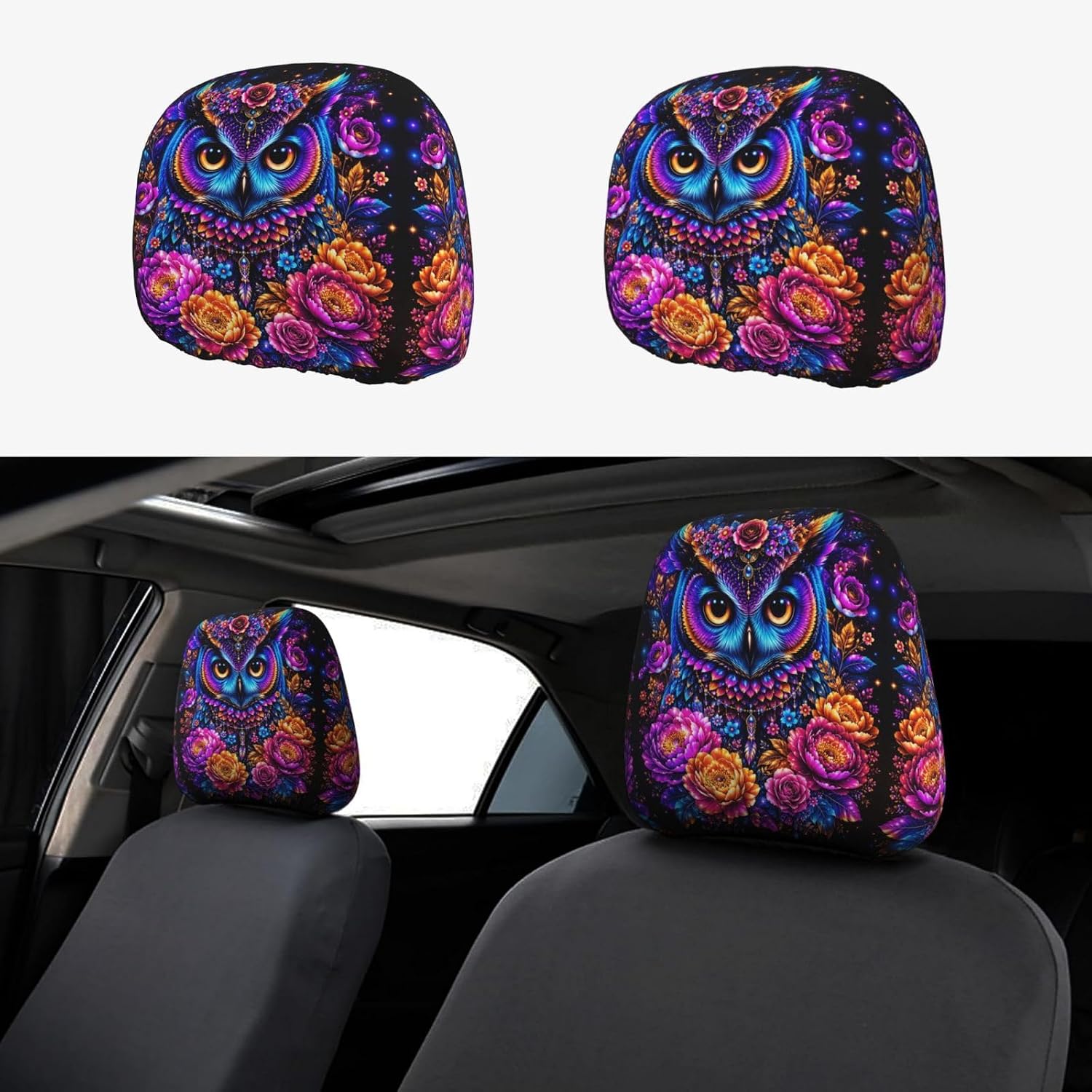 Boho Colorful Owl Floral Car Headrest Cover 10.2X11IN