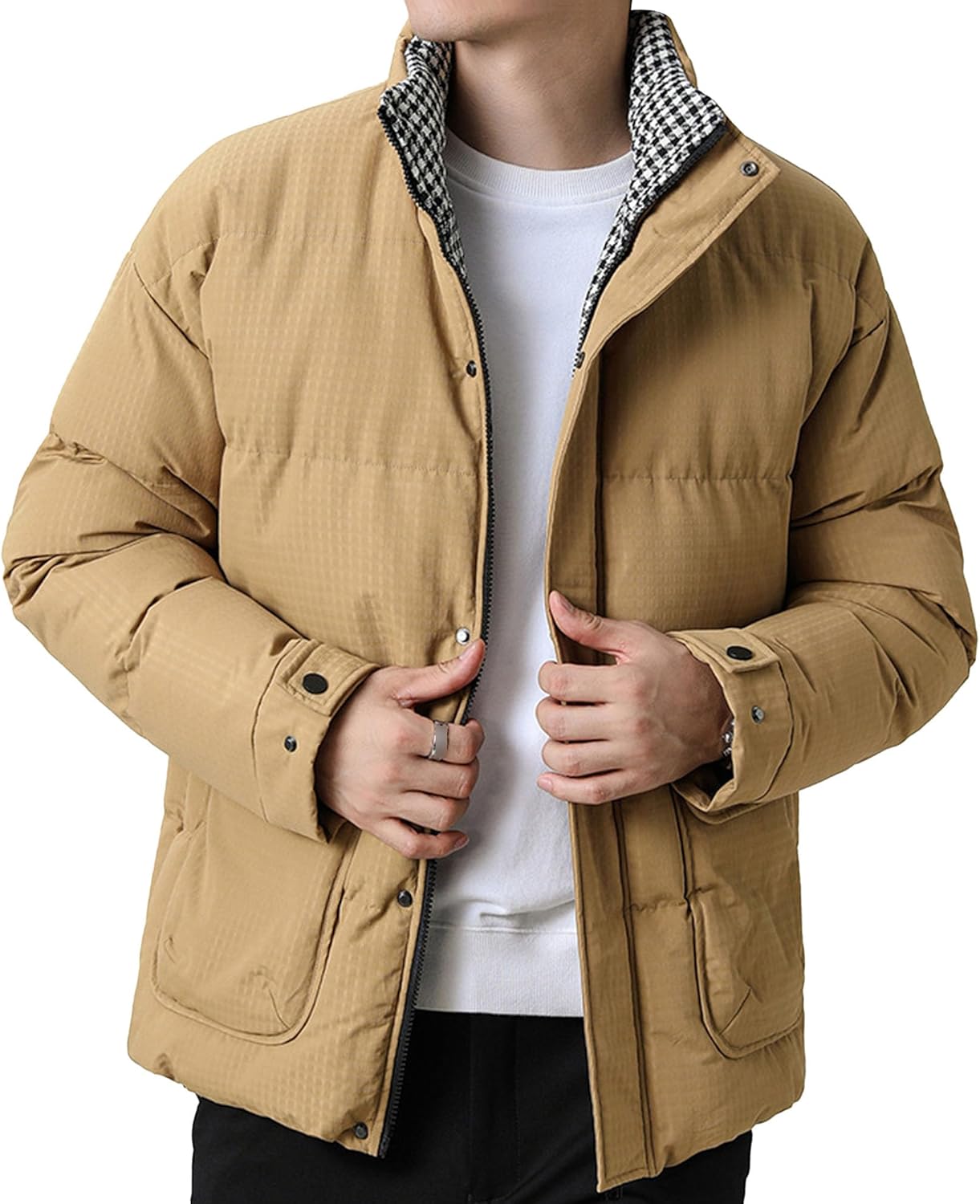 Men's Stand Collar Winter Jacket Quilted Thicken Padded Windproof Coat Full Zip Textured Warm Parka Outwear