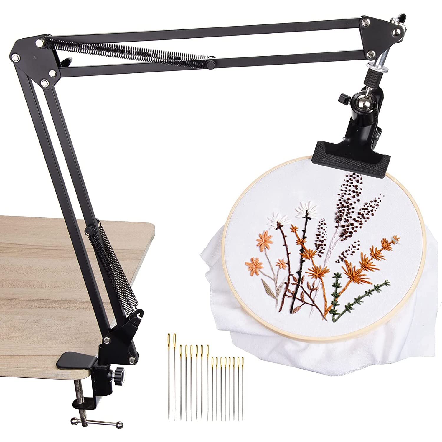 Awaovv Black Adjustable Metal Embroidery Hoop Stand With 16 Embroidery Needles, Folding Embroidery Hoop Holder, Rotated Punch Needle Frame Frame Stand, Embroidered Stand With Table Clamp For Sewing