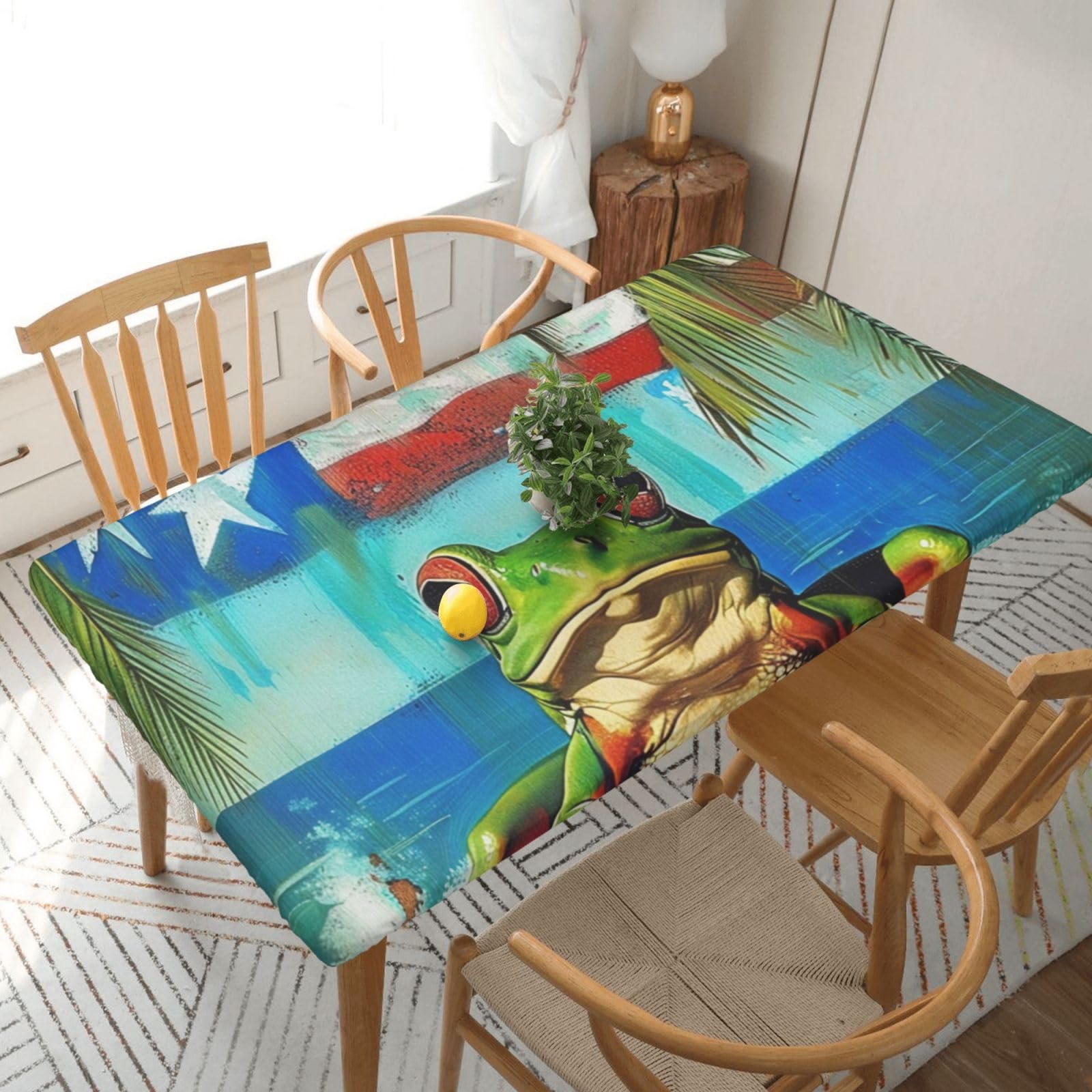 WPKJU Puerto Rico Flag Frog Palm Trees Printed Tablecloths 5ft Rectangular Table Covers Washable Polyester Decorative Table Cloth for Dining Table Picnic Wedding