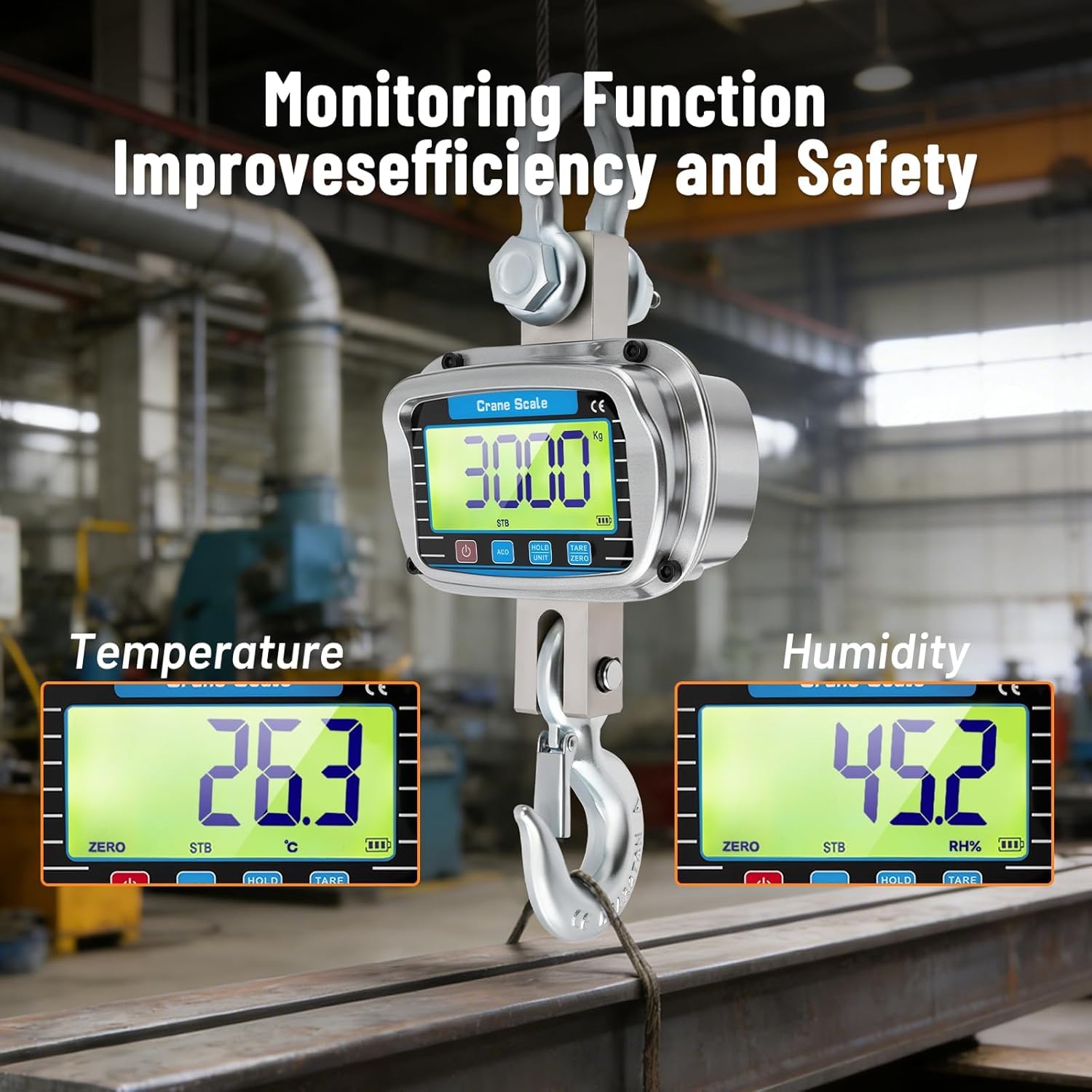 Bilancia per Gru 3000KG, Bilancia da gru digitale, Pesante Bilancia Industriale con sensore di precisione, ampio schermo LCD e telecomando, Visualizzazione della temperatura e dell'umidità(Silver)