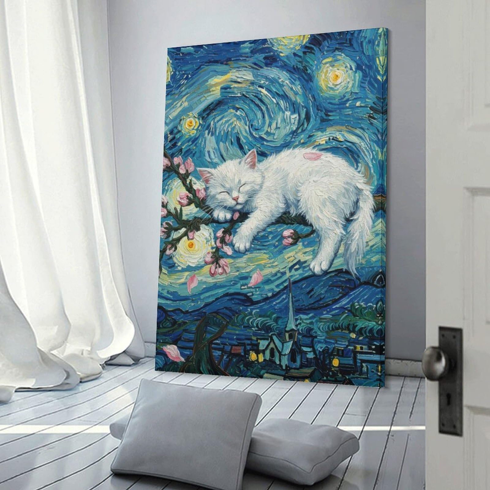 Junmoney Starry Night Cat Nap Hanging Wall Art, 24x36inch(60x90cm), for New Homes, Bedrooms Or Workspaces, Thoughtful Wall Decor for Art Lovers