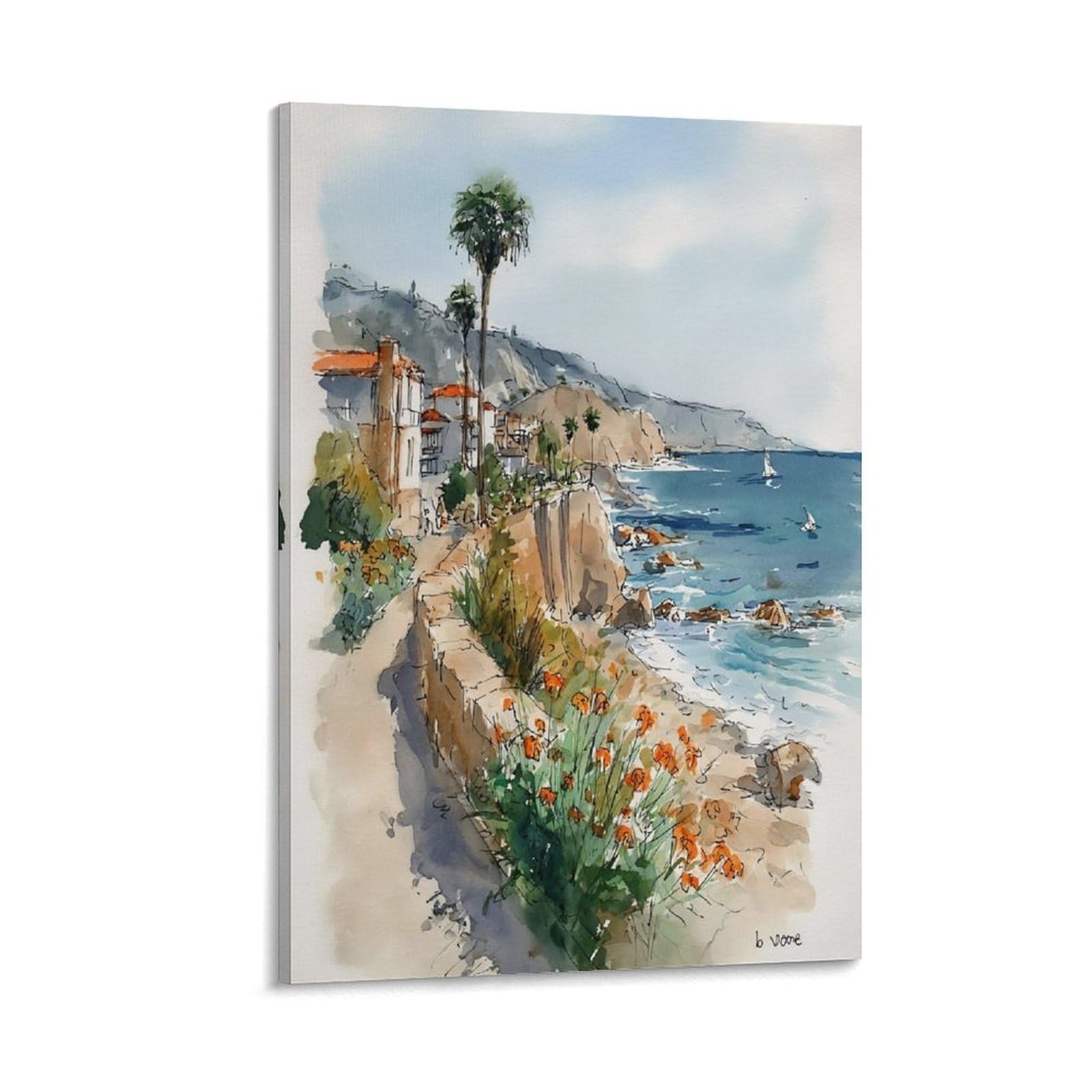 CNAHEIZ La Jolla Coast 20x30inch(50x75cm) Vintage Travel Poster Watercolor Canvas Art
