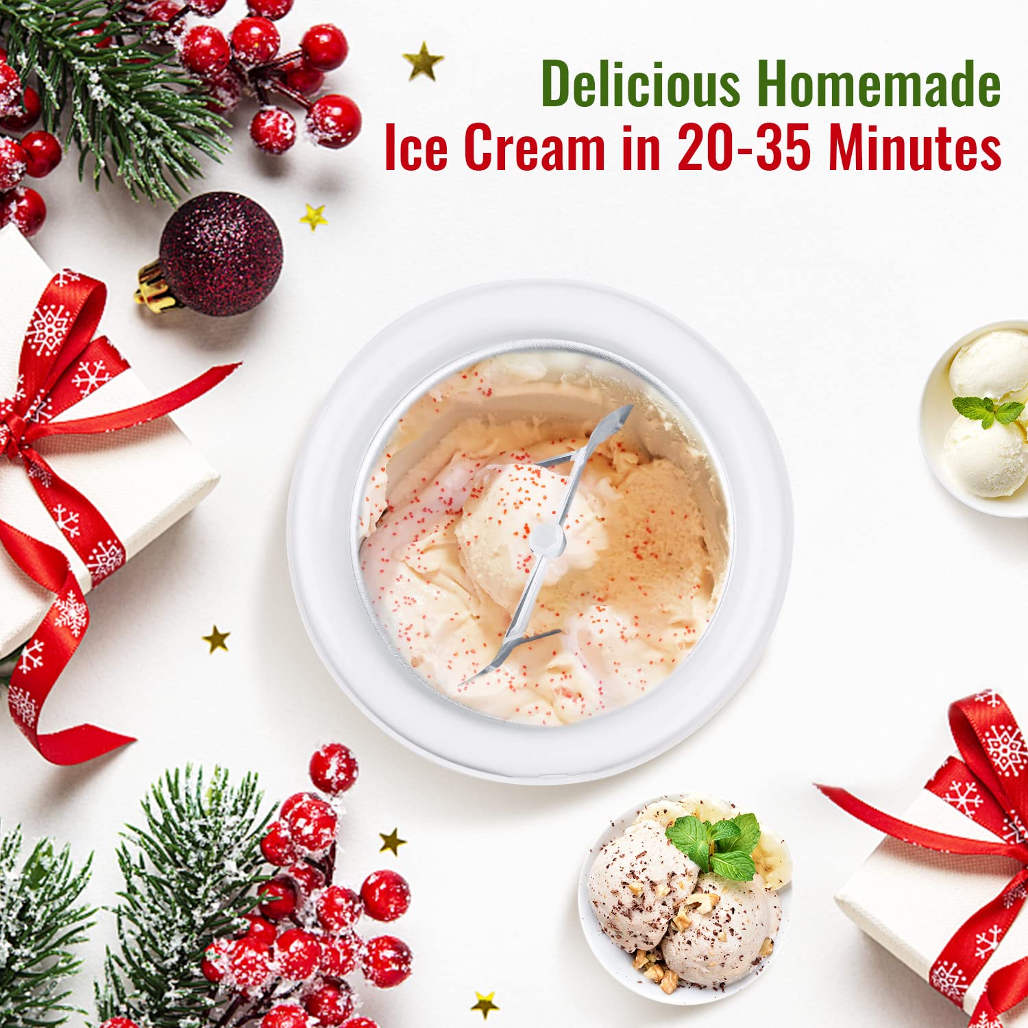 Vpcok Gelatiera da 1,5 l senza compressore per 2-4 persone in 30 minuti gelato fatto in casa in acciaio inox con contenitore per ghiaccio rimovibile incluso ricettario