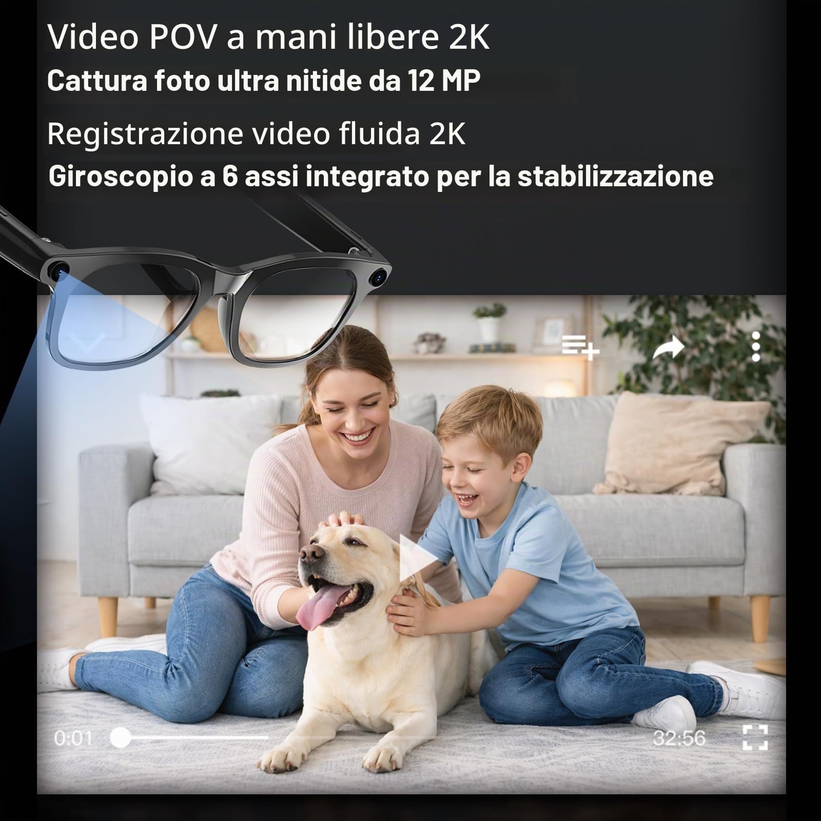 GLV-024P Occhiali Smart con Fotocamera 12MP e Video Full HD 1080P, Occhiali Intelligenti con AI, Comando Vocale, Audio Bluetooth, Stabilizzazione 6 Assi, WiFi 5GHz, Ideali per Vlog e Sport, 32GB