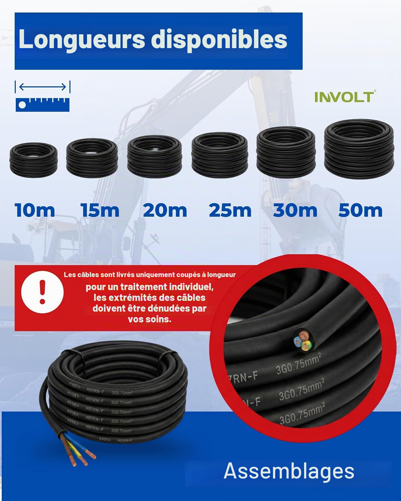INVOLT 50m de câble en caoutchouc H05RN-F 3G0,75 mm², flexible, robuste, câble en caoutchouc avec conducteur de protection pour la connexion d'appareils électriques, VDE